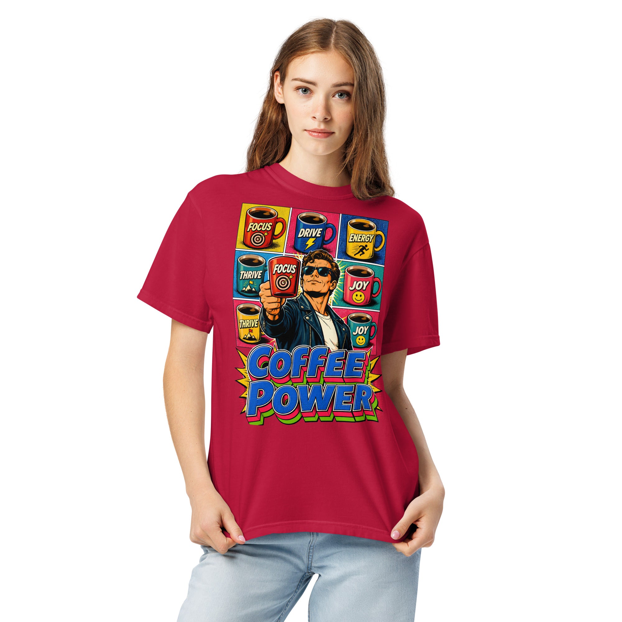 Coffee Lovers Unisex Garment-Dyed Heavyweight T-shirt Coffee Power – Retro Pop Art Motivational Graphic Tee by printfluence.net