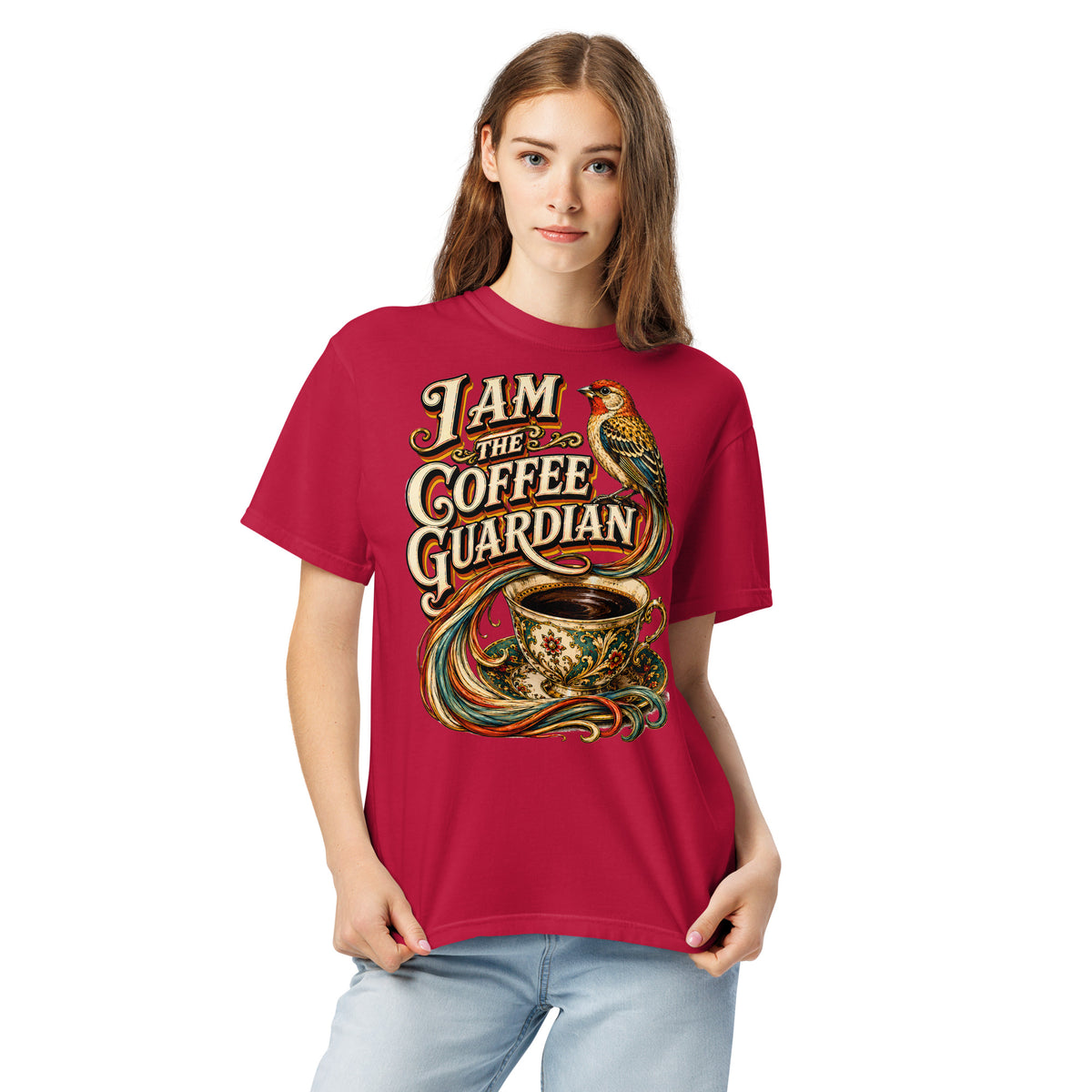 Coffee Lovers Unisex Heavyweight T-shirt The Coffee Guardian – Whimsical Bird & Vintage Cup Graphic Tee by printfluence.net