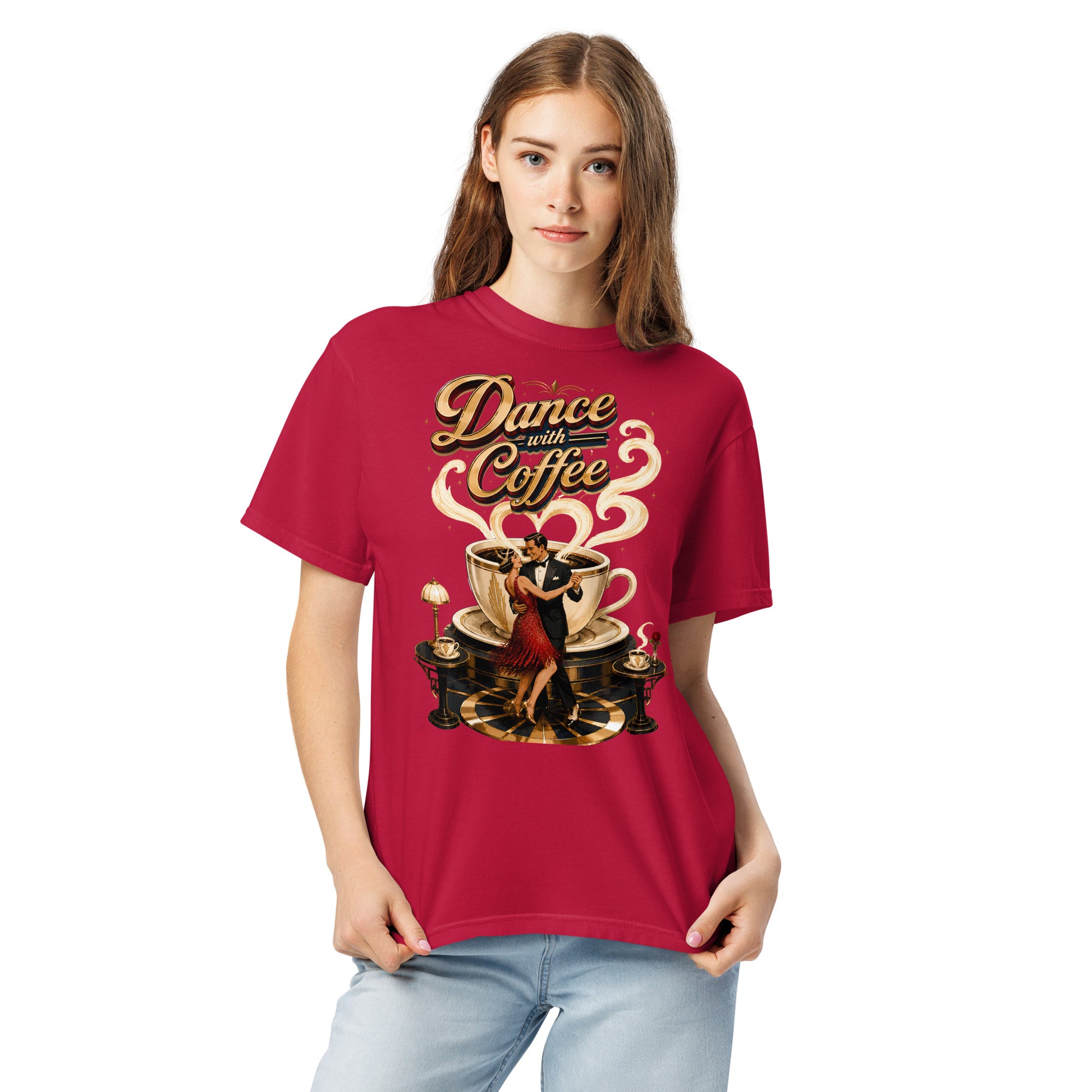 Coffee Lovers Unisex Garment-Dyed Heavyweight T-Shirt Dance with Coffee – Art Deco Dancer & Giant Cup Graphic Tee by printfluence.net