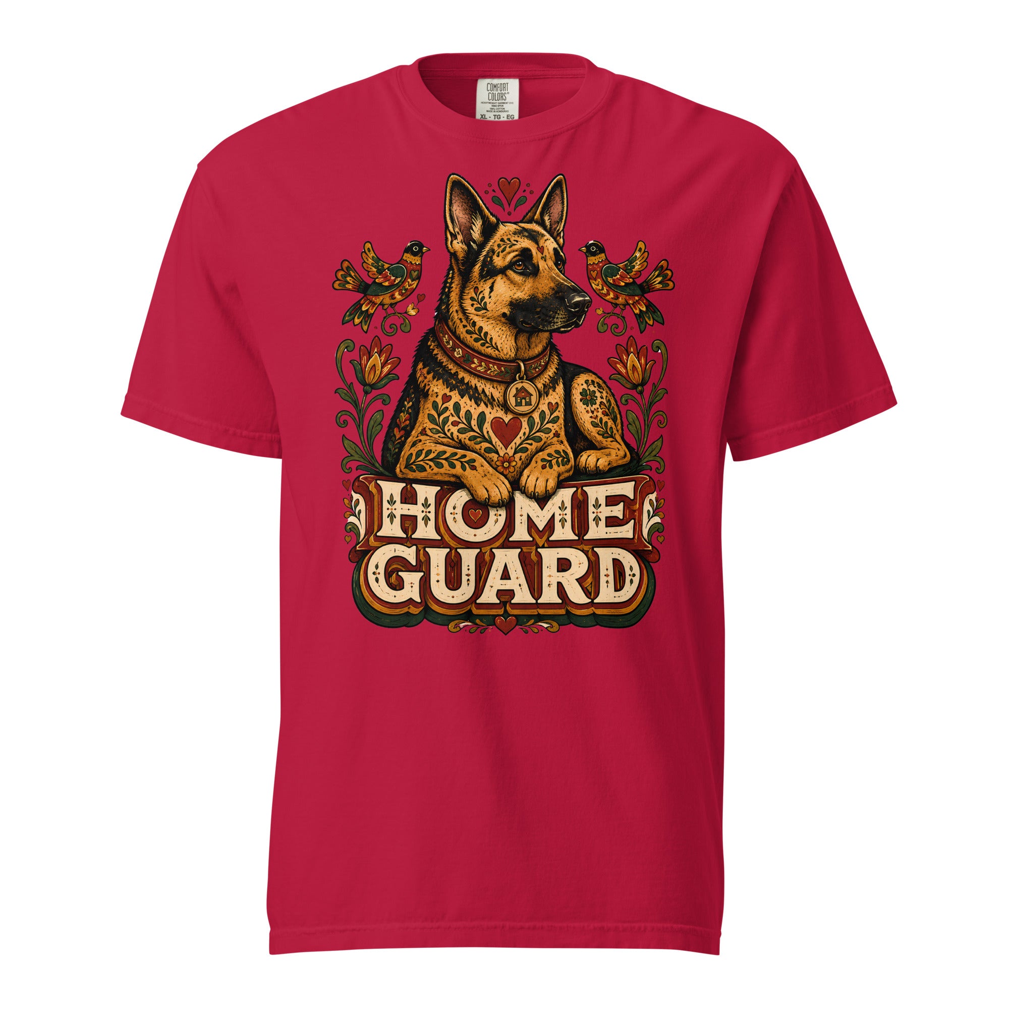 German Shepherd Lovers Unisex Garment-Dyed T-Shirt | Folk Art "Home Guard" Graphic Apparel by printfluence.net