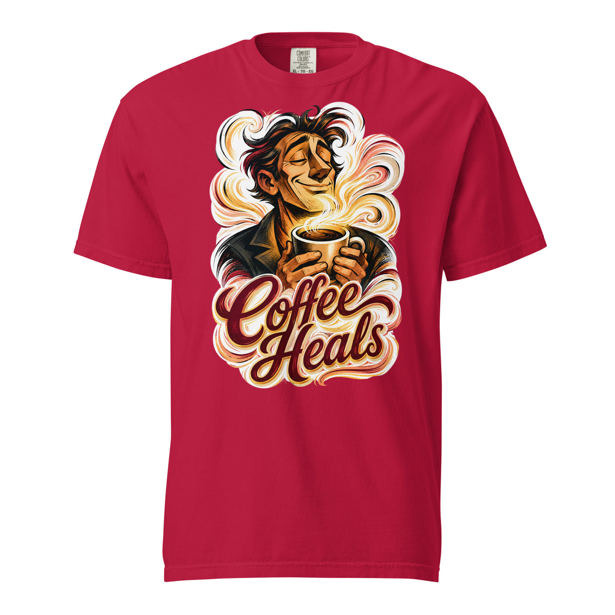Coffee Lovers Unisex Garment-Dyed Heavyweight T-shirt Coffee Heals – Soulful Morning Motivation Graphic Tee by printfluence.net