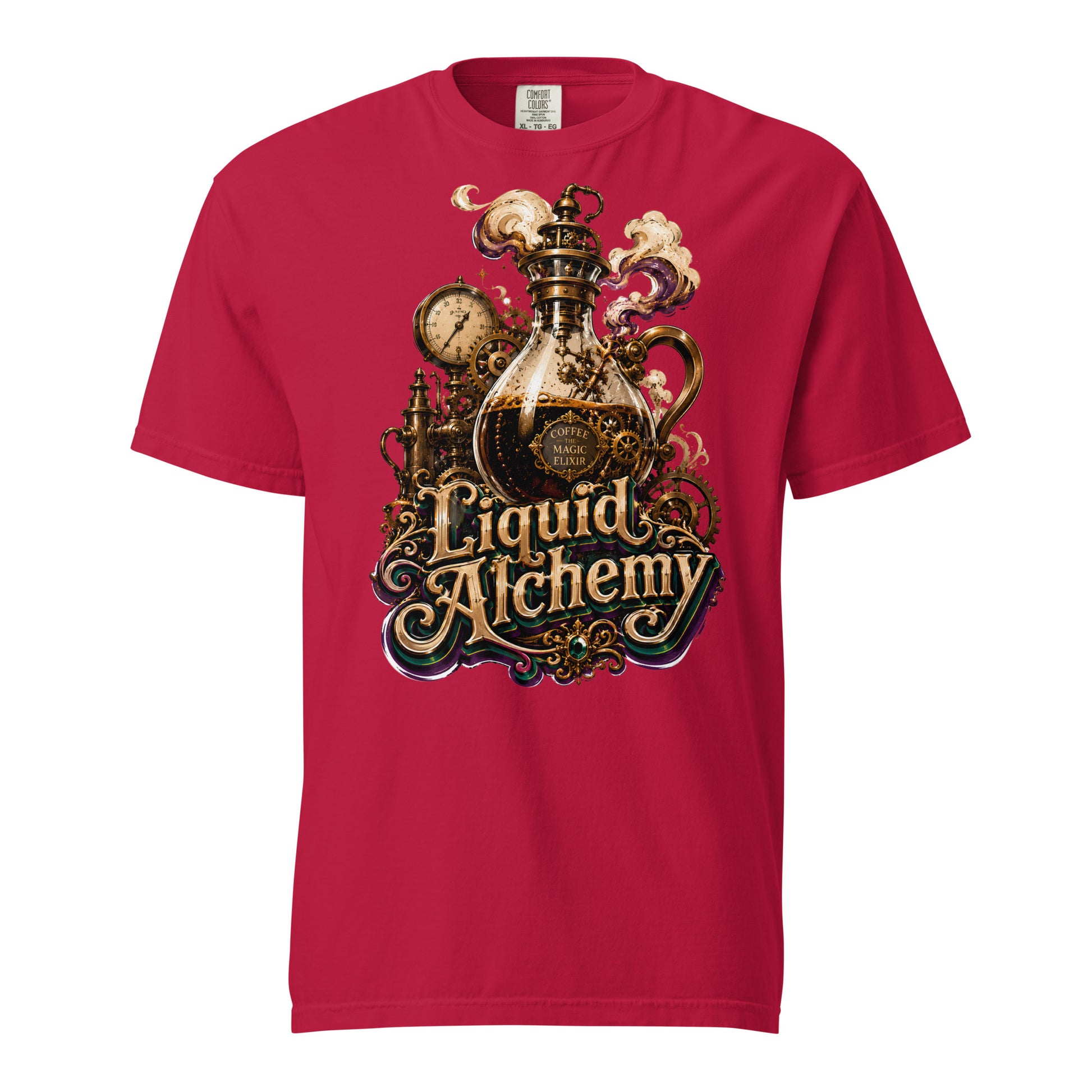 Coffee Lovers Unisex Garment-Dyed Heavyweight T-shirt Liquid Alchemy – Steampunk Coffee Magic Elixir Graphic Tee by printfluence.net