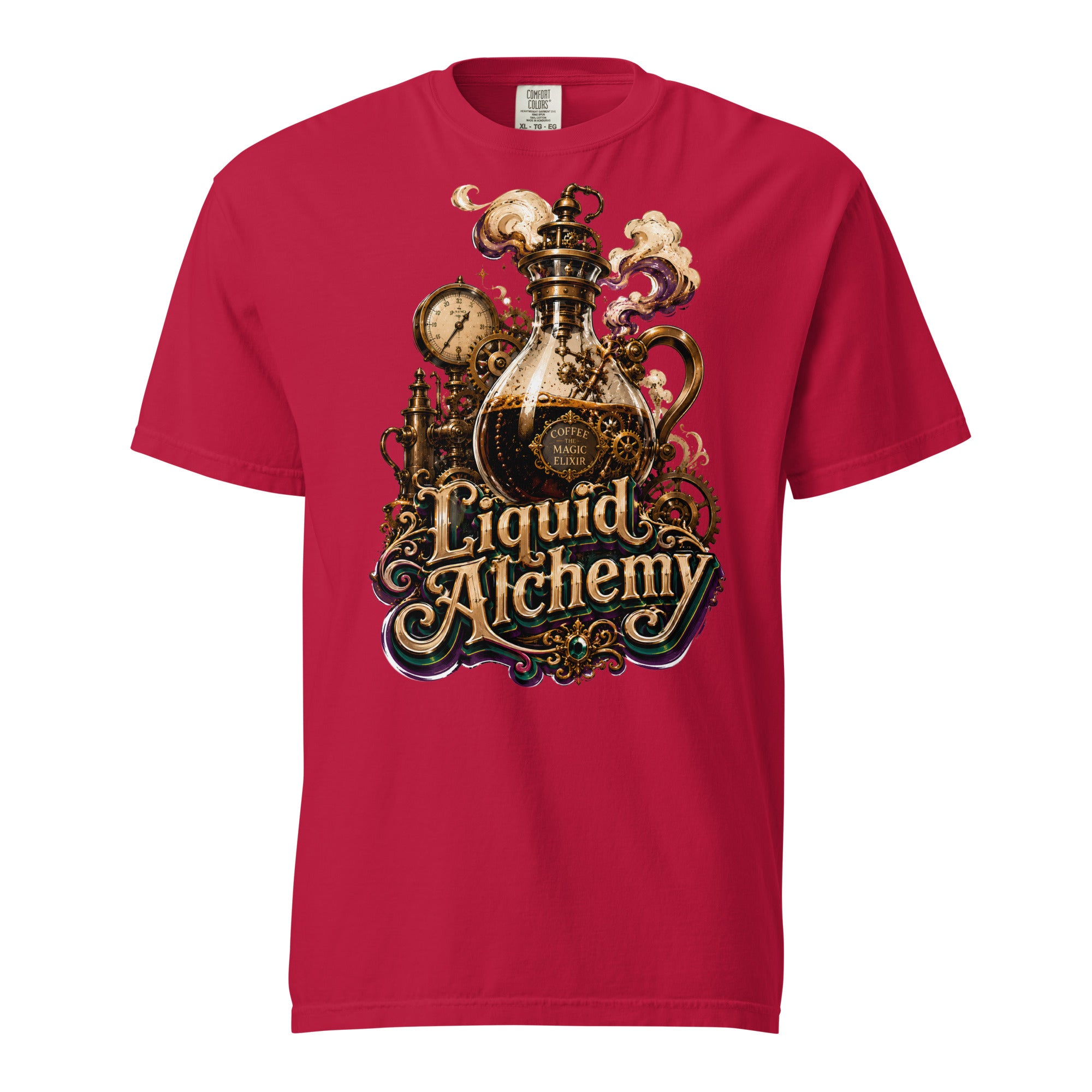 Coffee Lovers Unisex Garment-Dyed Heavyweight T-shirt Liquid Alchemy – Steampunk Coffee Magic Elixir Graphic Tee by printfluence.net