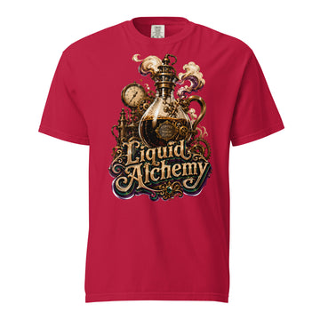 Coffee Lovers Unisex Garment-Dyed Heavyweight T-shirt Liquid Alchemy – Steampunk Coffee Magic Elixir Graphic Tee by printfluence.net