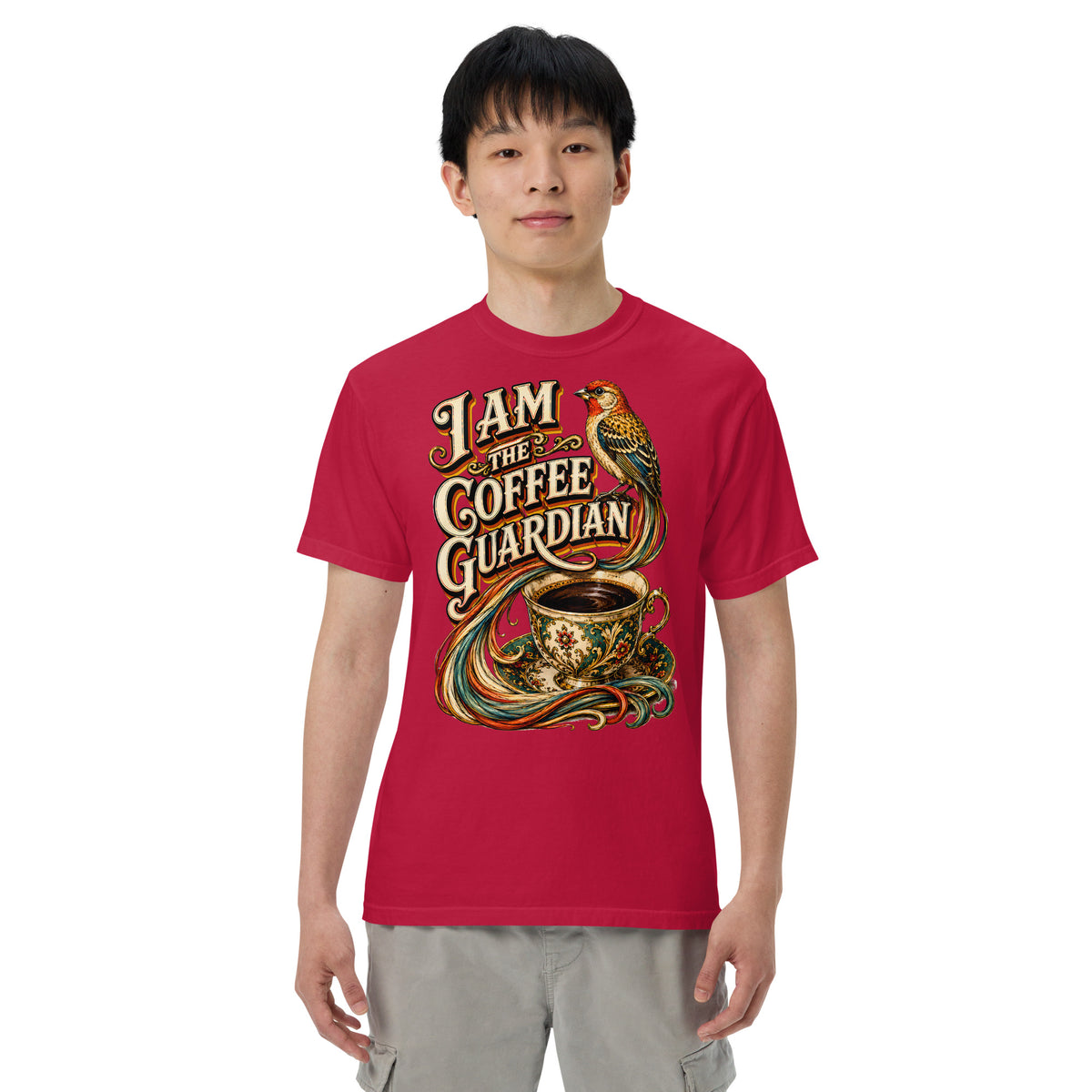 Coffee Lovers Unisex Heavyweight T-shirt The Coffee Guardian – Whimsical Bird & Vintage Cup Graphic Tee by printfluence.net