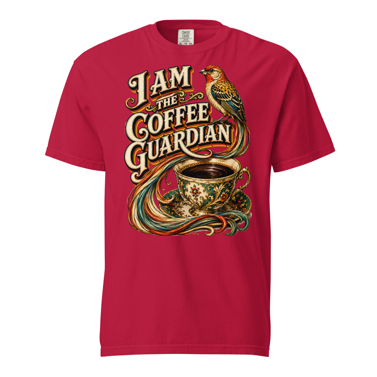 Coffee Lovers Unisex Heavyweight T-shirt The Coffee Guardian – Whimsical Bird & Vintage Cup Graphic Tee by printfluence.net