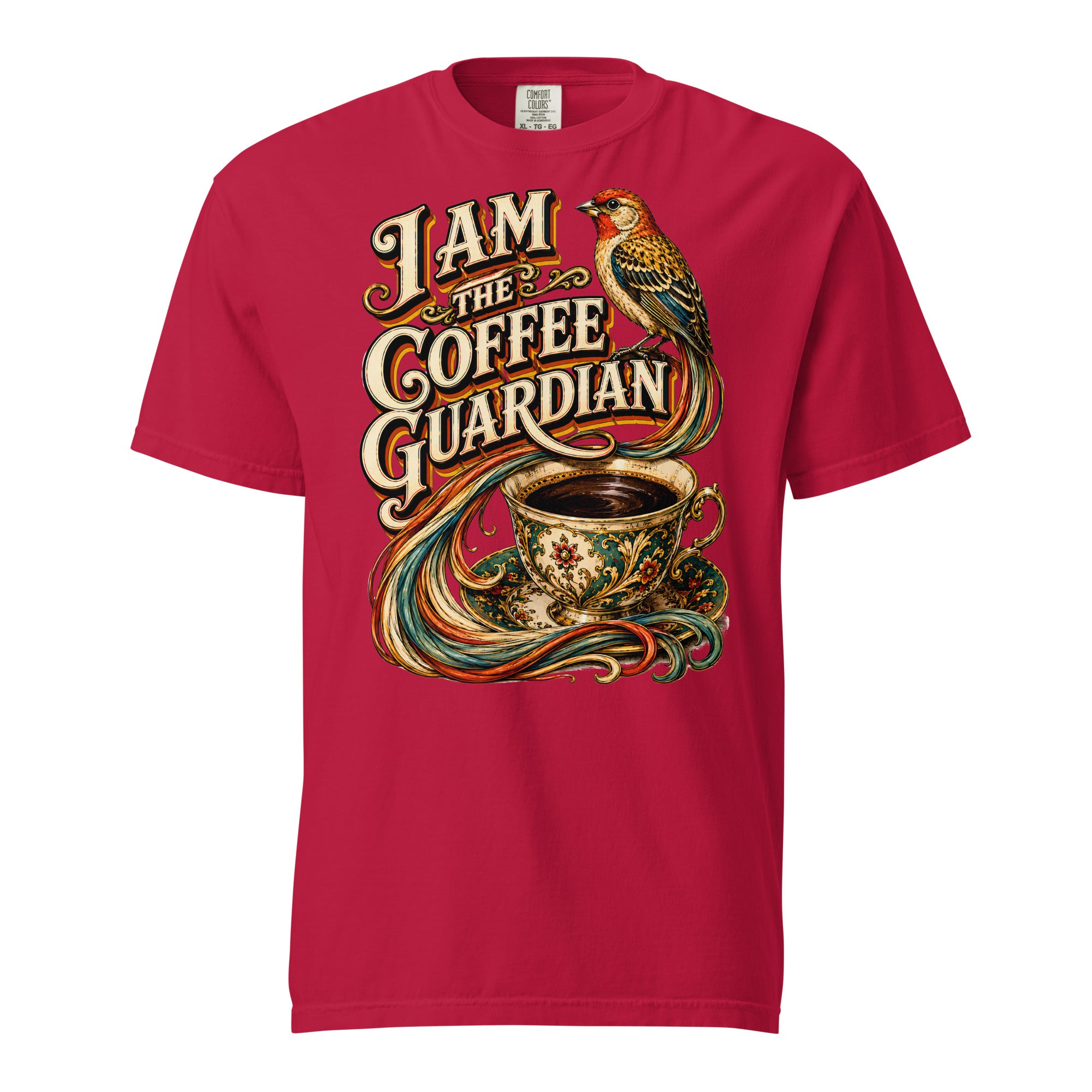 Coffee Lovers Unisex Heavyweight T-shirt The Coffee Guardian – Whimsical Bird & Vintage Cup Graphic Tee by printfluence.net