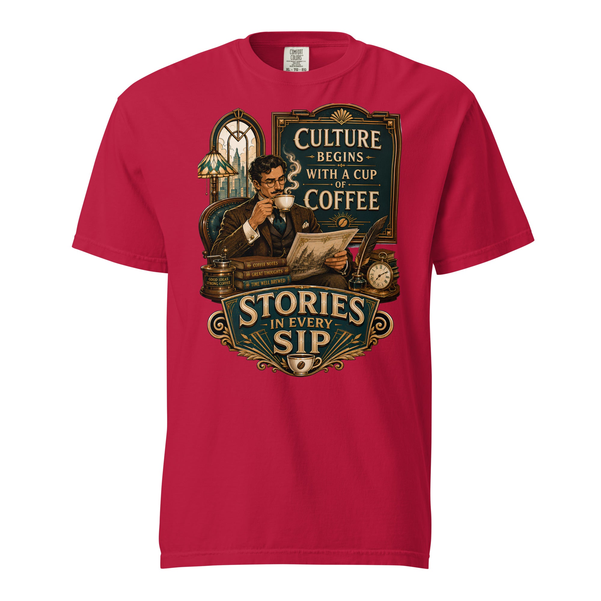 Coffee Lovers Unisex Heavyweight T-shirt Stories in Every Sip – Vintage Gentleman & Intellectual Coffee Graphic Tee by printfluence.net