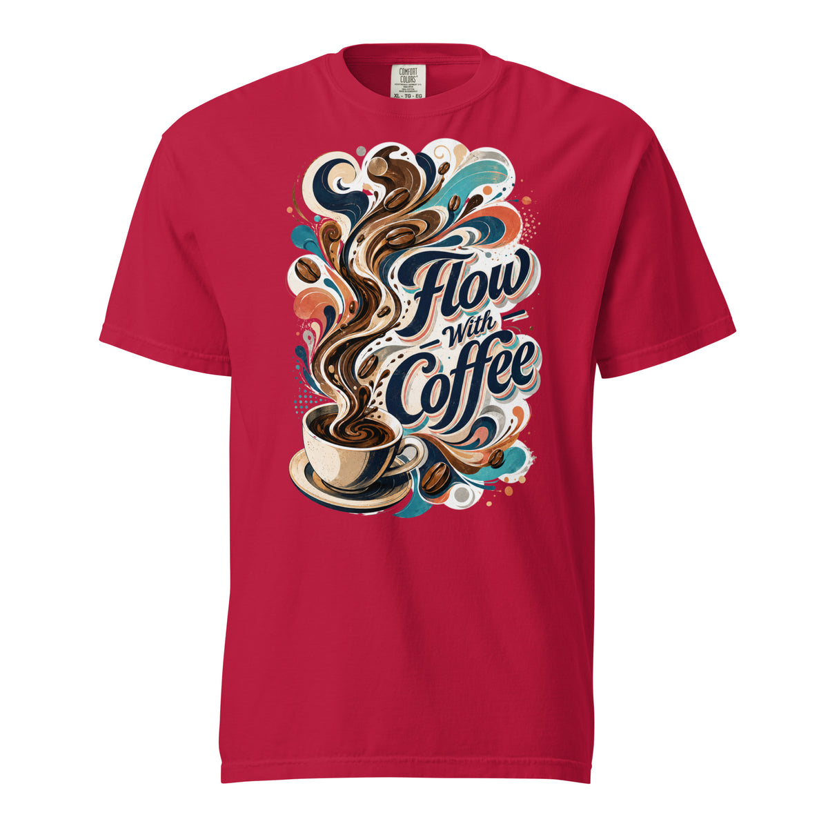 Coffee Lovers Heavyweight T-Shirt Flow with Coffee – Abstract Swirl & Coffee Bean Graphic Tee by printfluence.net