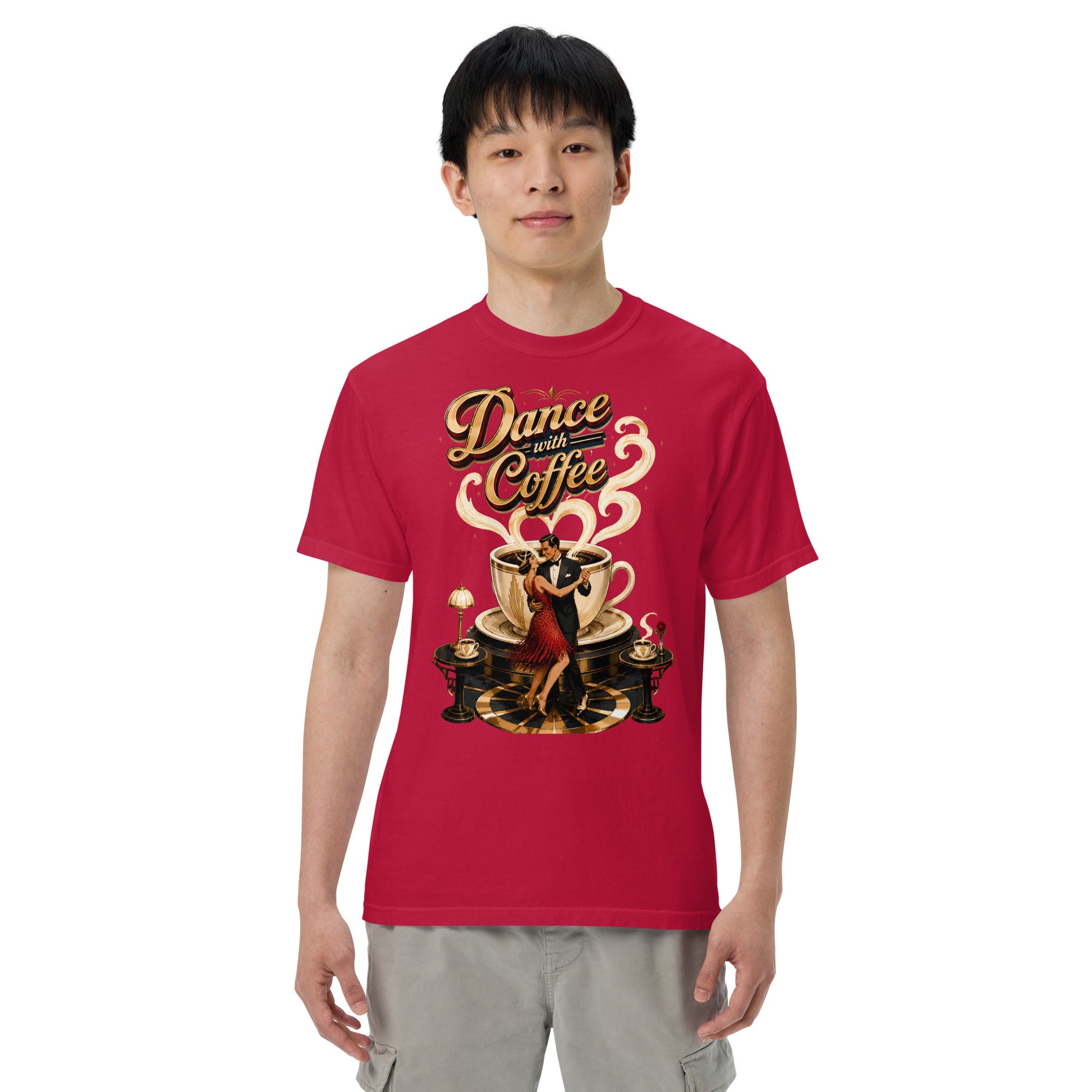 Coffee Lovers Unisex Garment-Dyed Heavyweight T-Shirt Dance with Coffee – Art Deco Dancer & Giant Cup Graphic Tee by printfluence.net