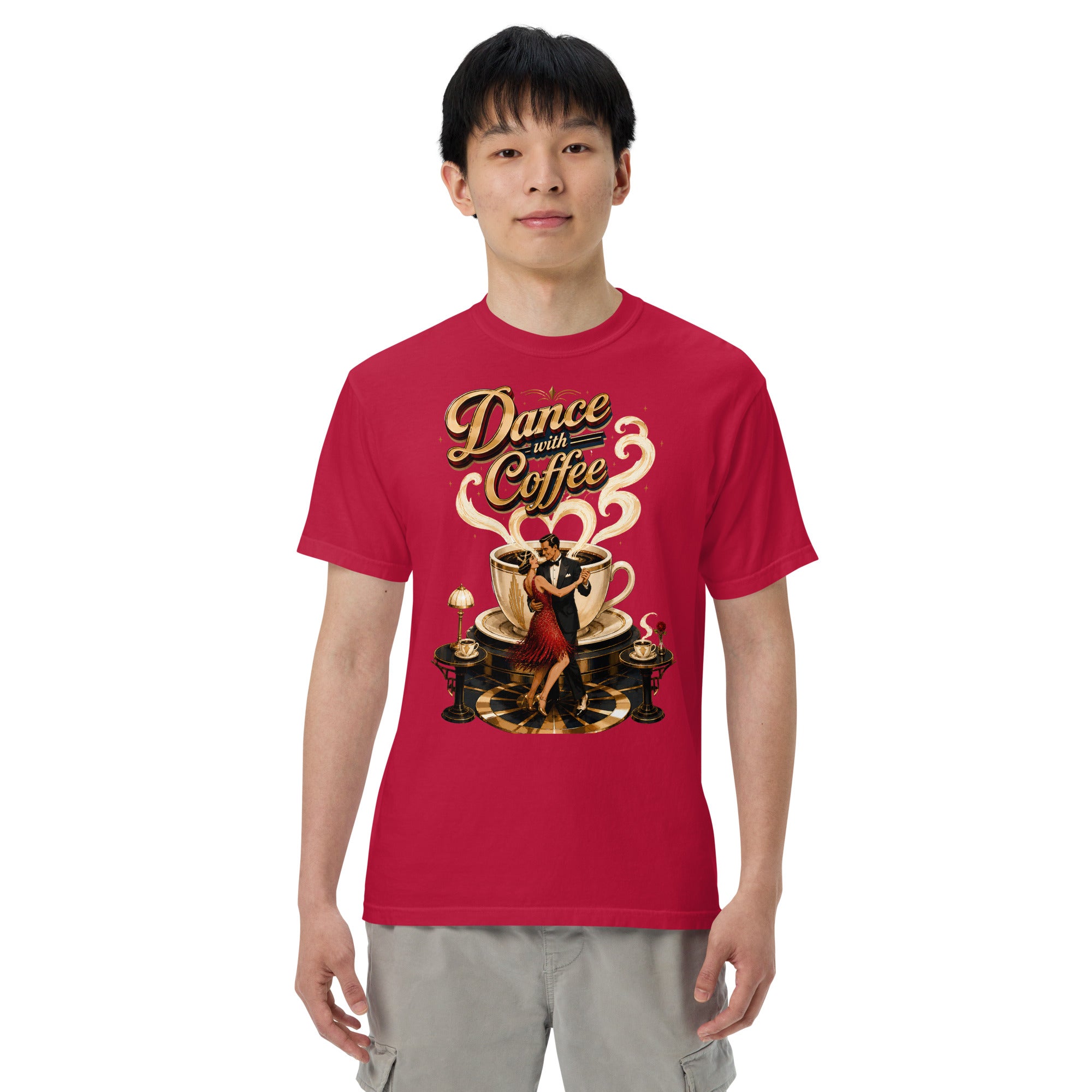 Coffee Lovers Unisex Garment-Dyed Heavyweight T-Shirt Dance with Coffee – Art Deco Dancer & Giant Cup Graphic Tee by printfluence.net