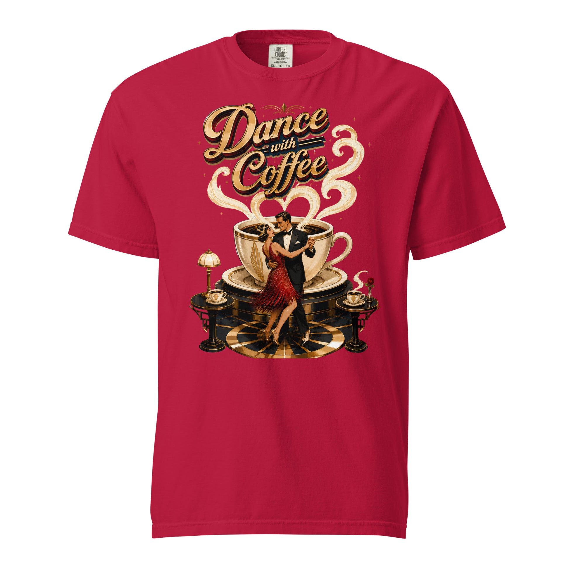 Coffee Lovers Unisex Garment-Dyed Heavyweight T-Shirt Dance with Coffee – Art Deco Dancer & Giant Cup Graphic Tee by printfluence.net