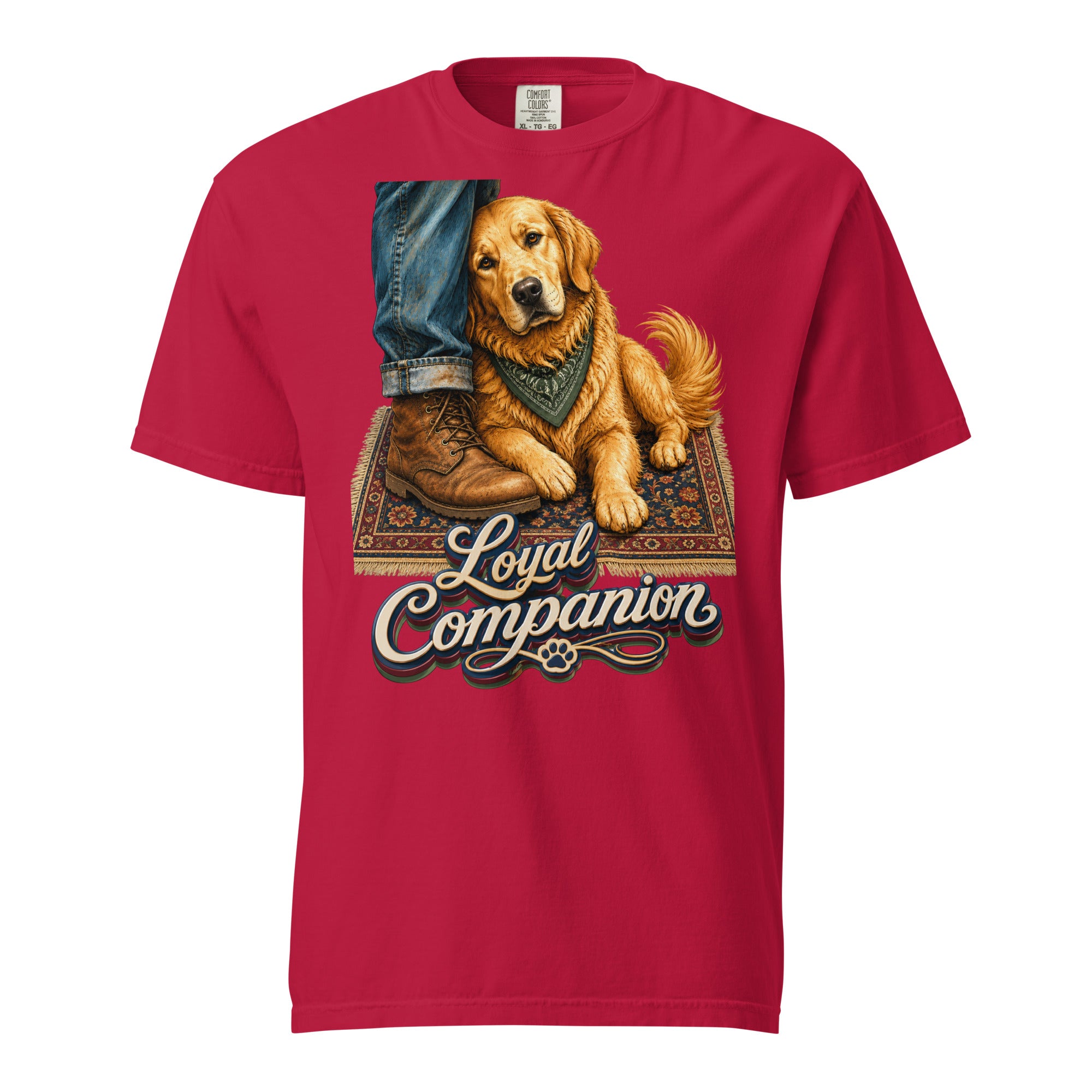 Golden Retriever Lovers Unisex Garment-Dyed Heavyweight T-Shirt — "Loyal Companion" Faithful Dog Resting on Rug Design by printfluence.net