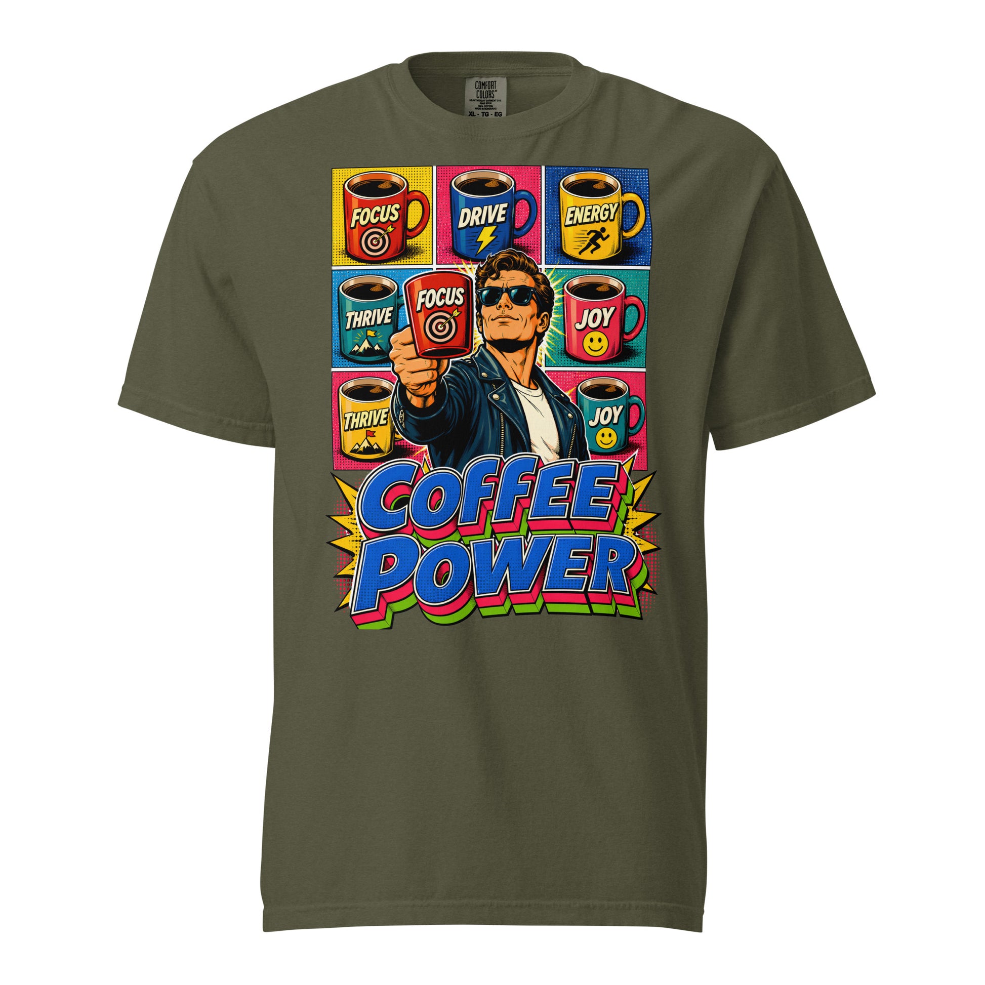 Coffee Lovers Unisex Garment-Dyed Heavyweight T-shirt Coffee Power – Retro Pop Art Motivational Graphic Tee by printfluence.net