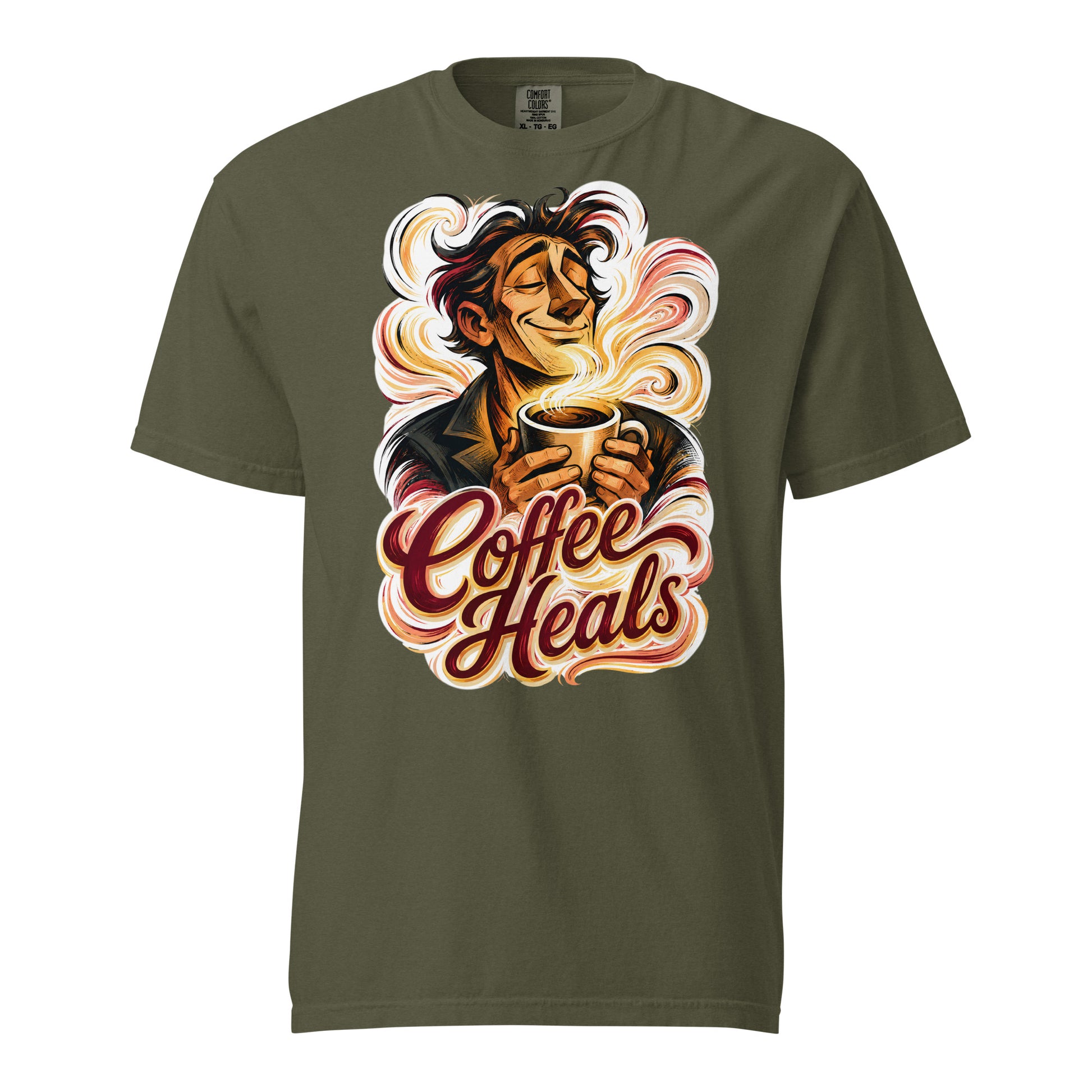 Coffee Lovers Unisex Garment-Dyed Heavyweight T-shirt Coffee Heals – Soulful Morning Motivation Graphic Tee by printfluence.net