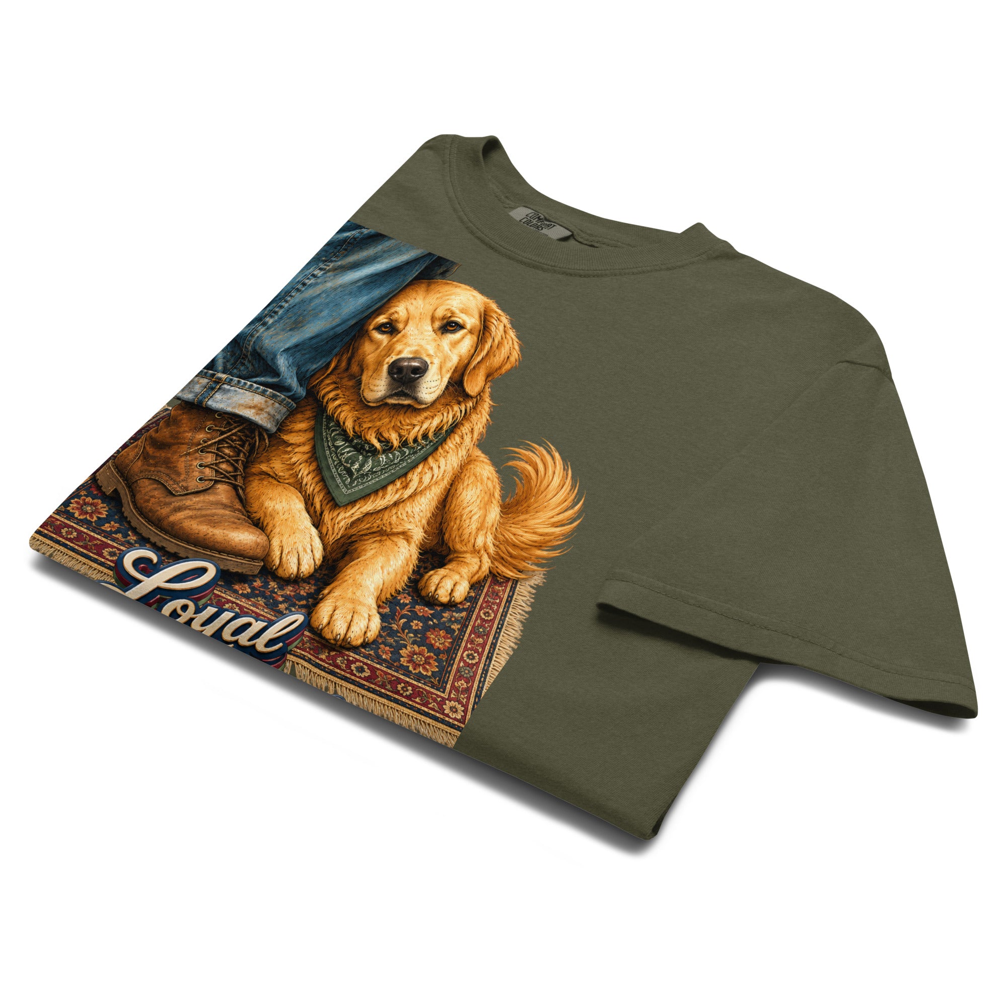 Golden Retriever Lovers Unisex Garment-Dyed Heavyweight T-Shirt — "Loyal Companion" Faithful Dog Resting on Rug Design by printfluence.net