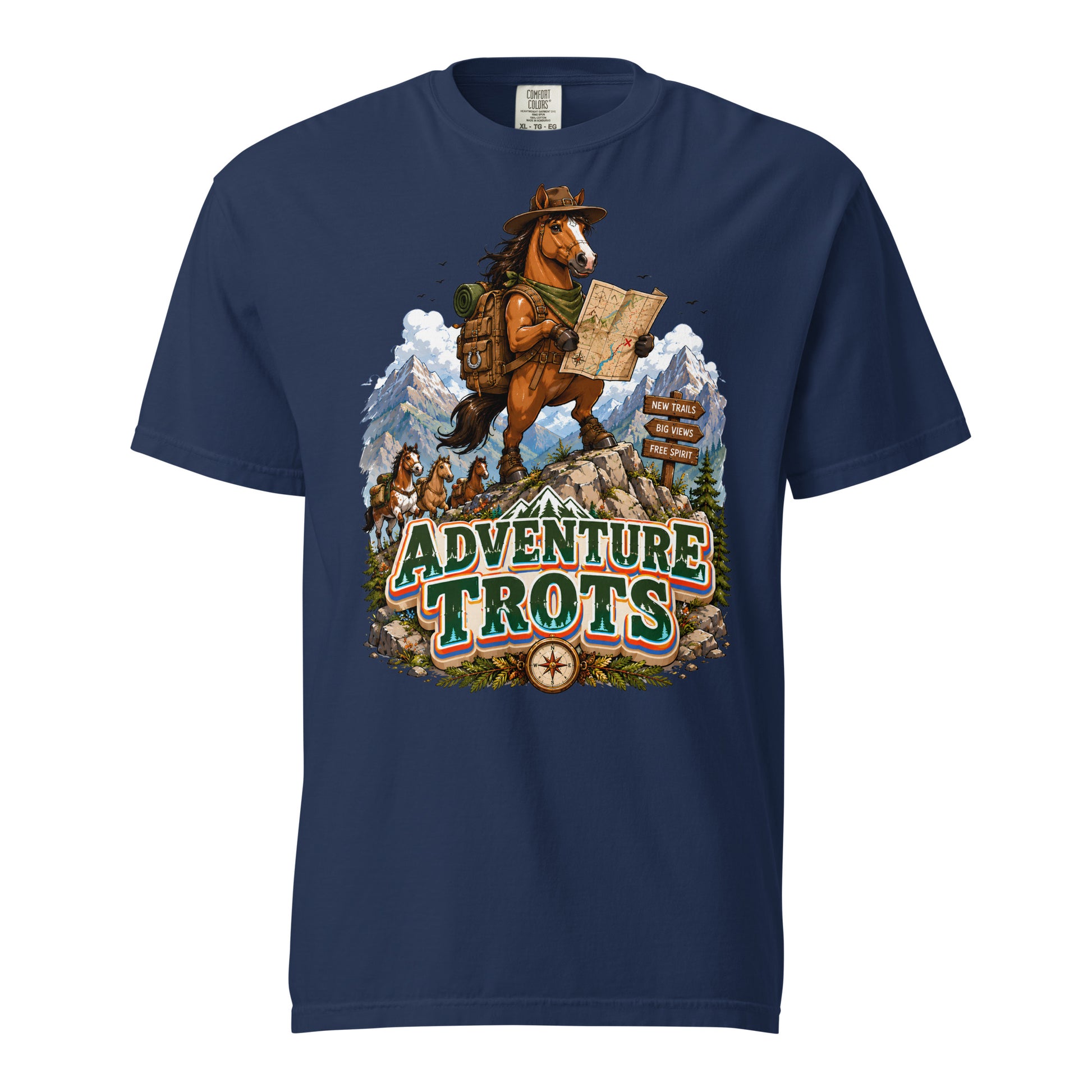 Adventure Trots Premium Tee | Epic Horse Lover's Hiking & Trail Graphic T-Shirt by printfluence.net