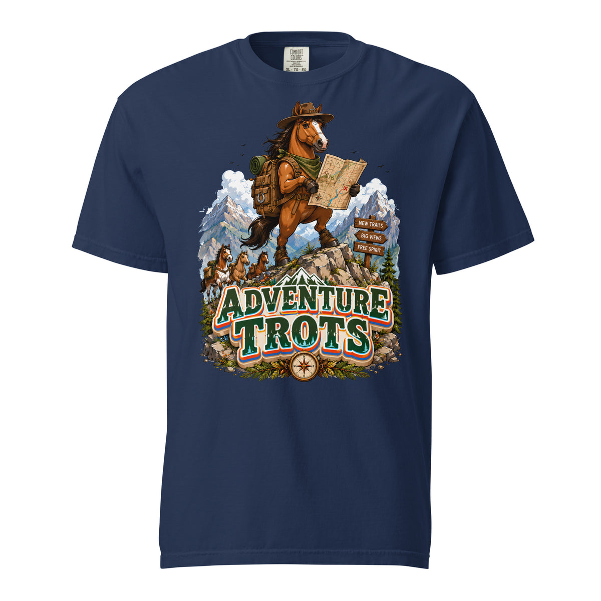 Adventure Trots Premium Tee | Epic Horse Lover's Hiking & Trail Graphic T-Shirt by printfluence.net