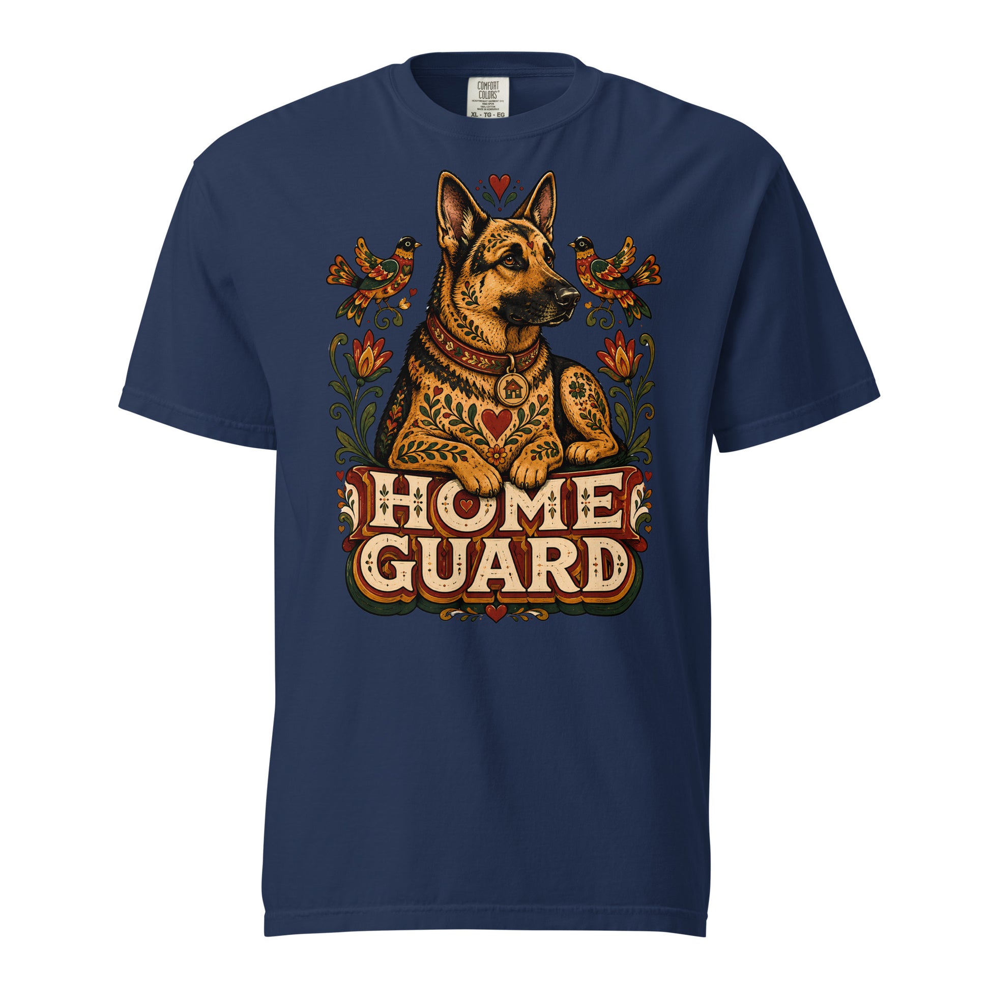 German Shepherd Lovers Unisex Garment-Dyed T-Shirt | Folk Art "Home Guard" Graphic Apparel by printfluence.net