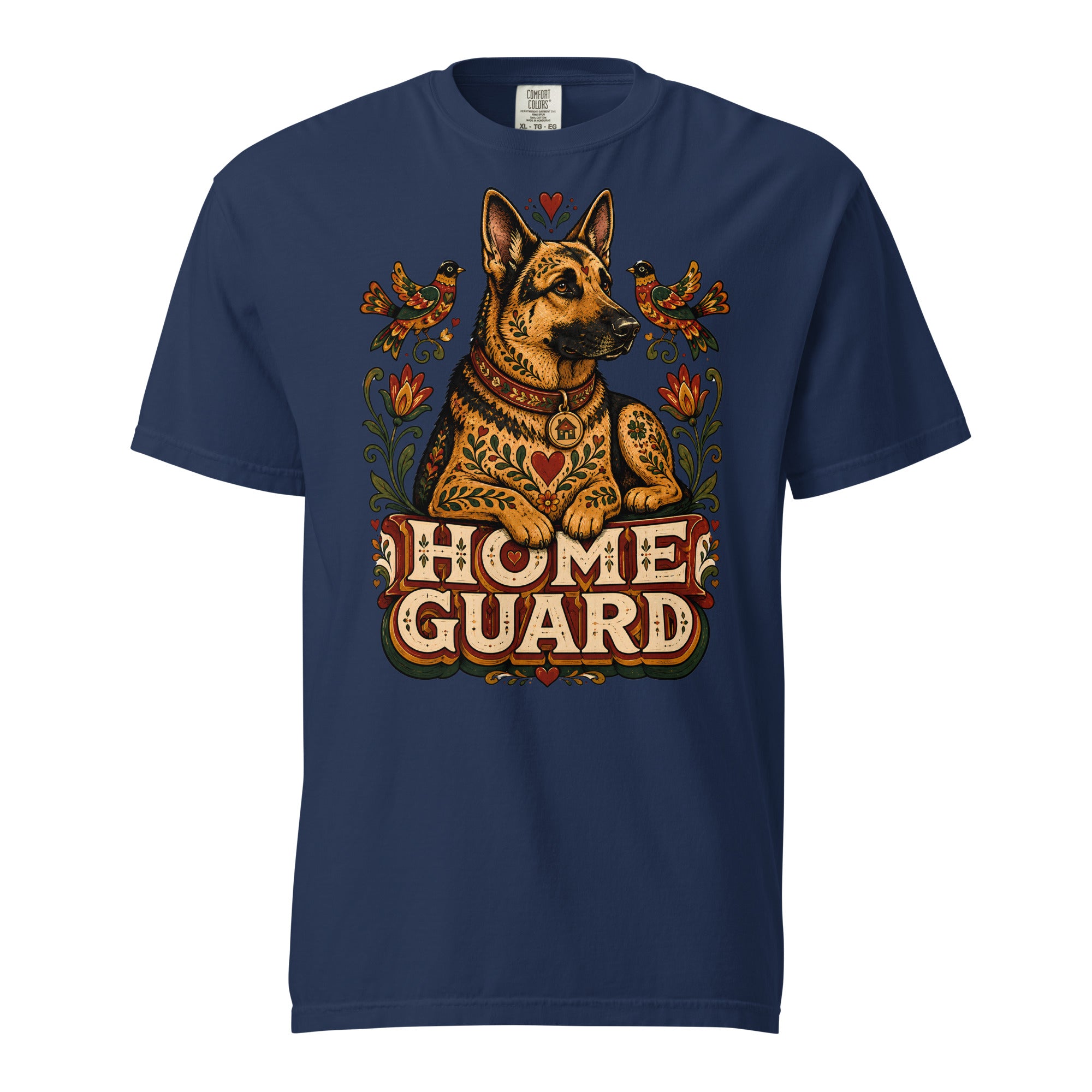 German Shepherd Lovers Unisex Garment-Dyed T-Shirt | Folk Art "Home Guard" Graphic Apparel by printfluence.net
