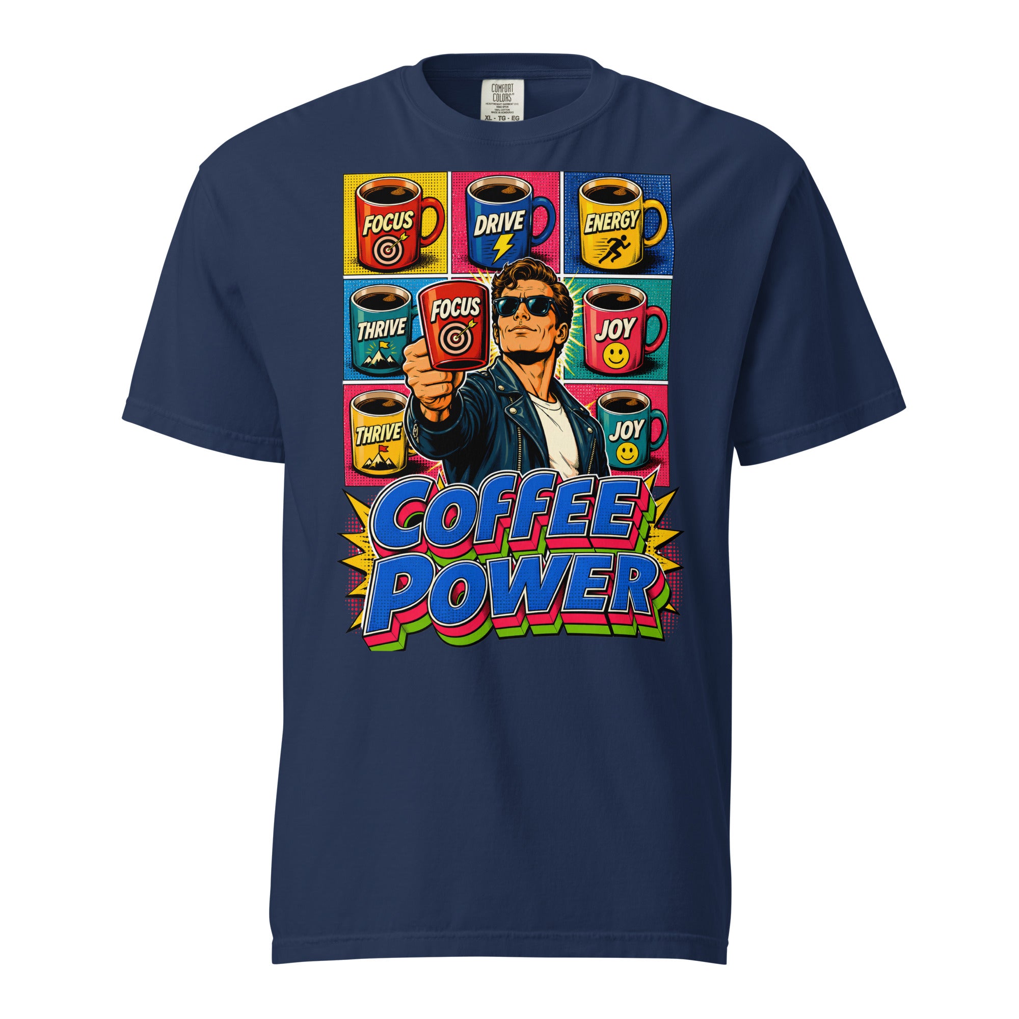 Coffee Lovers Unisex Garment-Dyed Heavyweight T-shirt Coffee Power – Retro Pop Art Motivational Graphic Tee by printfluence.net