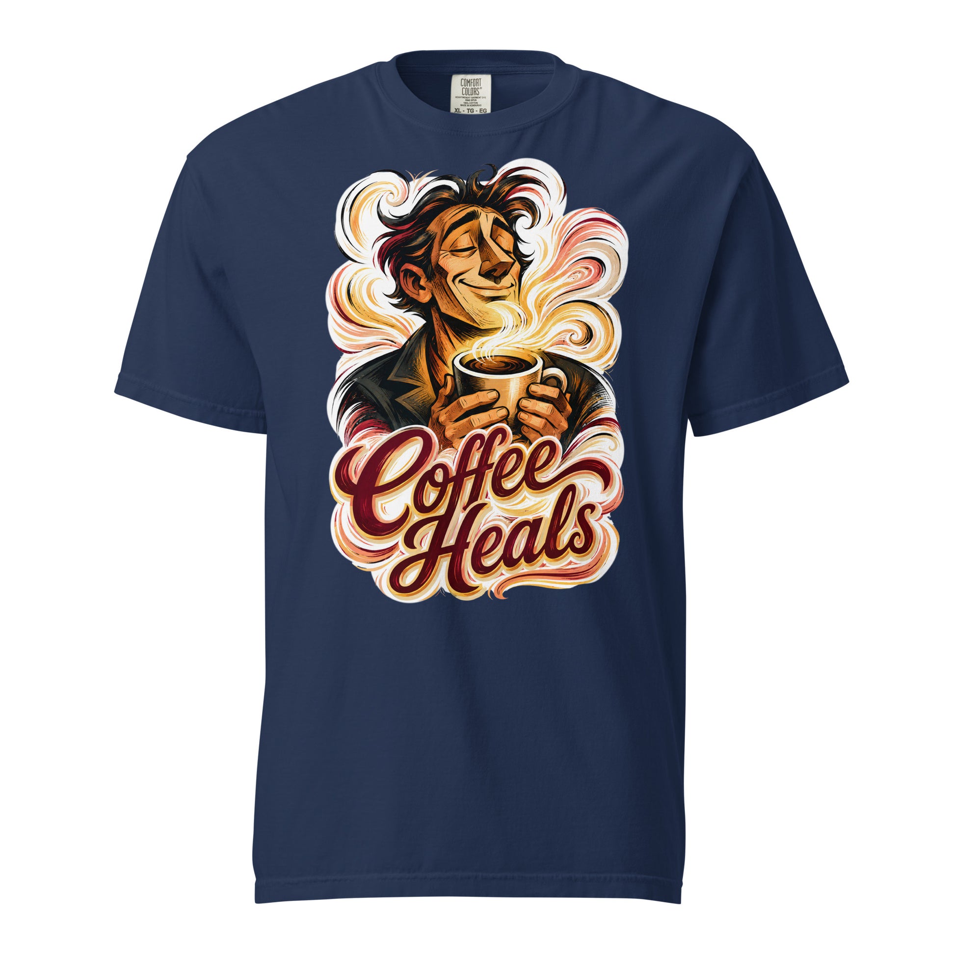Coffee Lovers Unisex Garment-Dyed Heavyweight T-shirt Coffee Heals – Soulful Morning Motivation Graphic Tee by printfluence.net