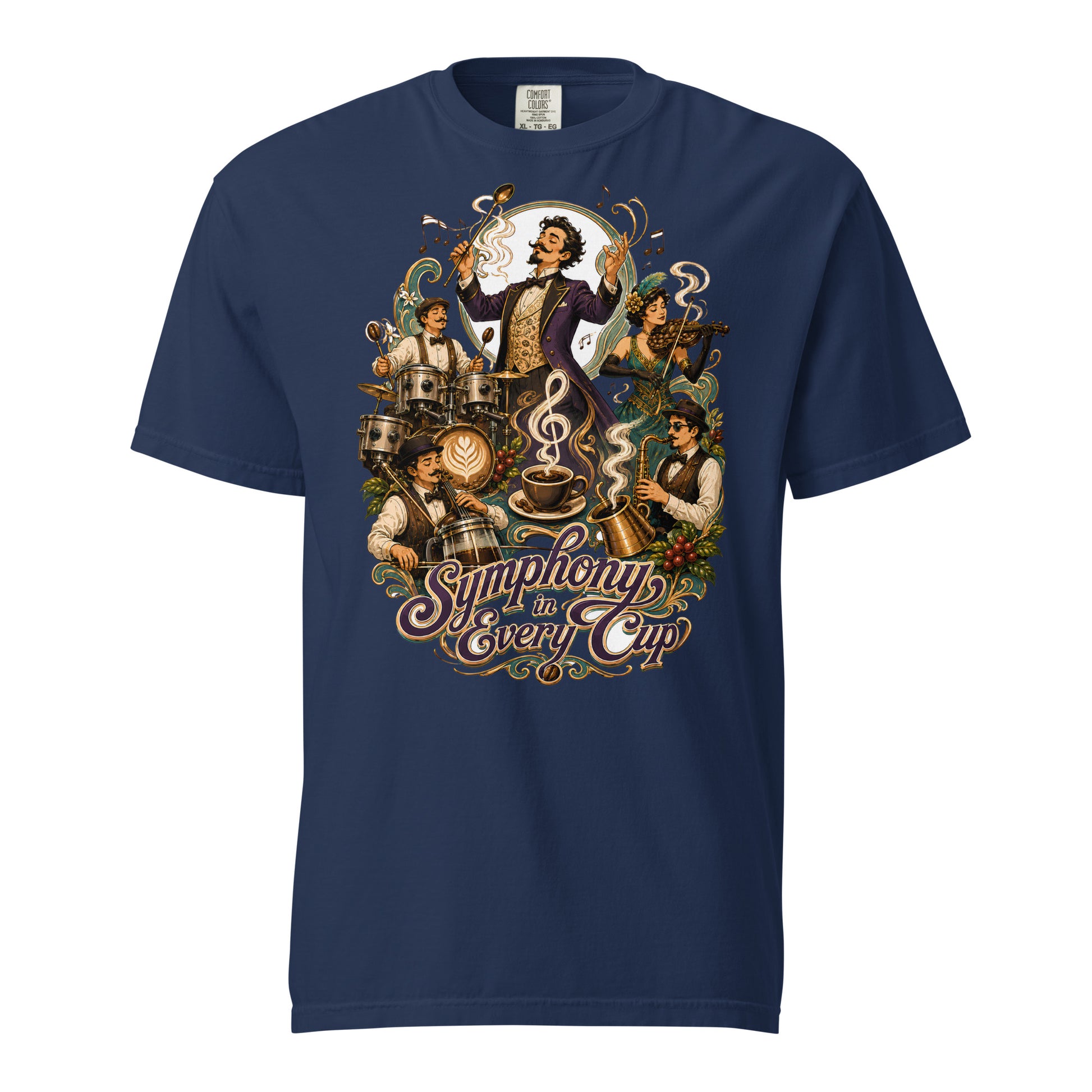 Coffee Lovers Unisex Heavyweight T-shirt Symphony in Every Cup – Musical & Orchestral Coffee Graphic Tee by printfluence.net