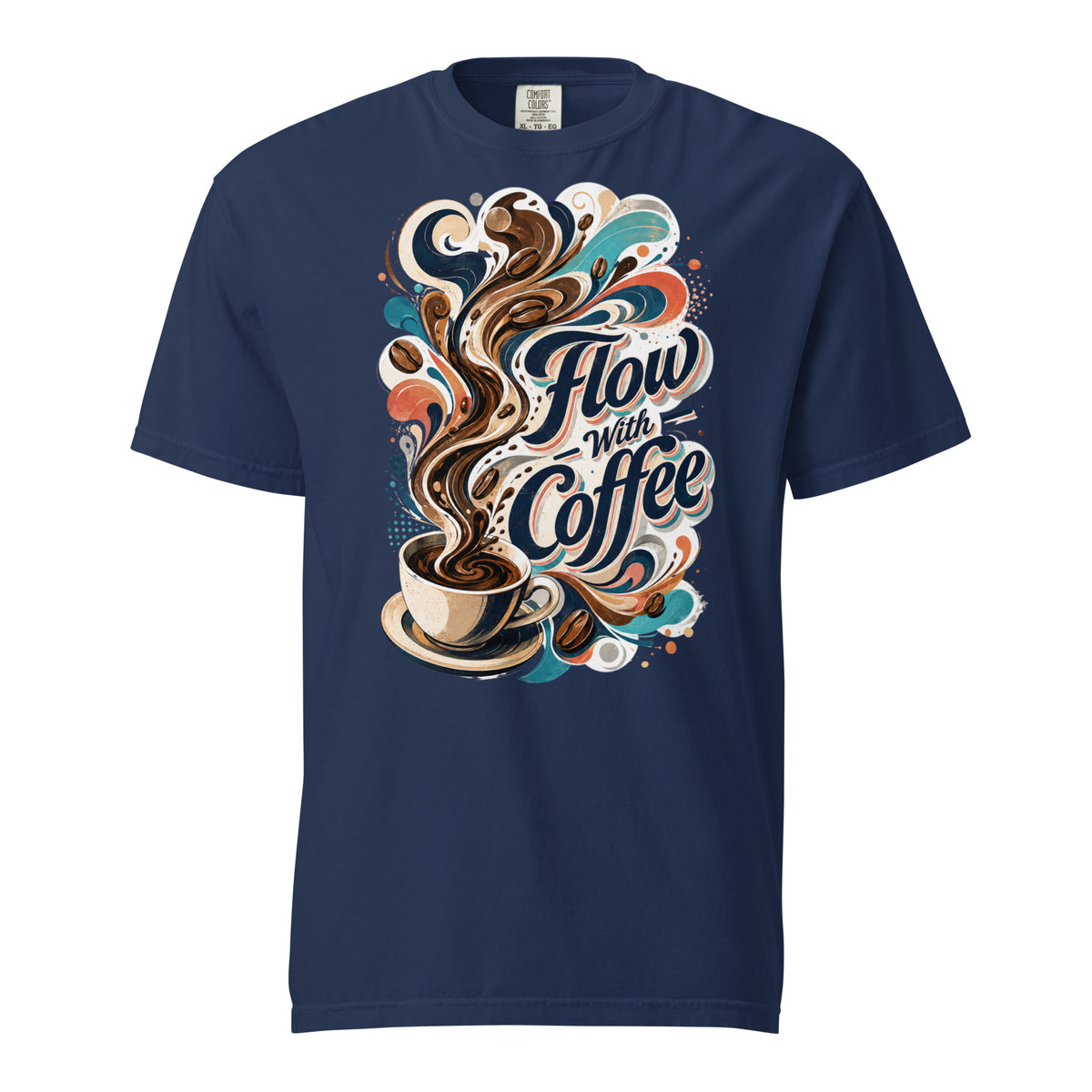 Coffee Lovers Heavyweight T-Shirt Flow with Coffee – Abstract Swirl & Coffee Bean Graphic Tee by printfluence.net