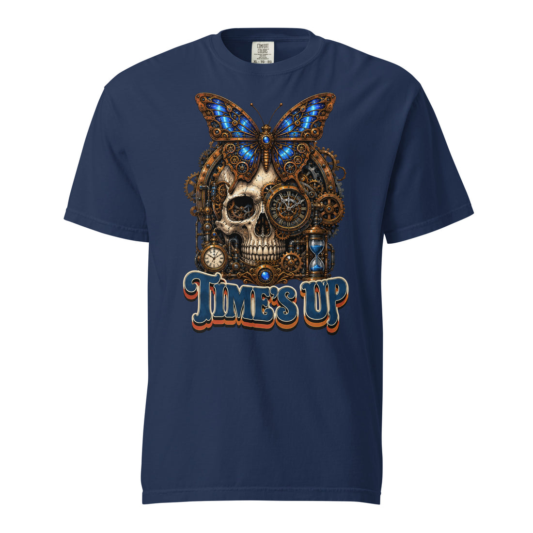 Horror and Mystery Lovers Unisex Garment-Dyed Heavyweight T-Shirt — "Time's Up" Mechanical Butterfly Skull Design by printfluence.net