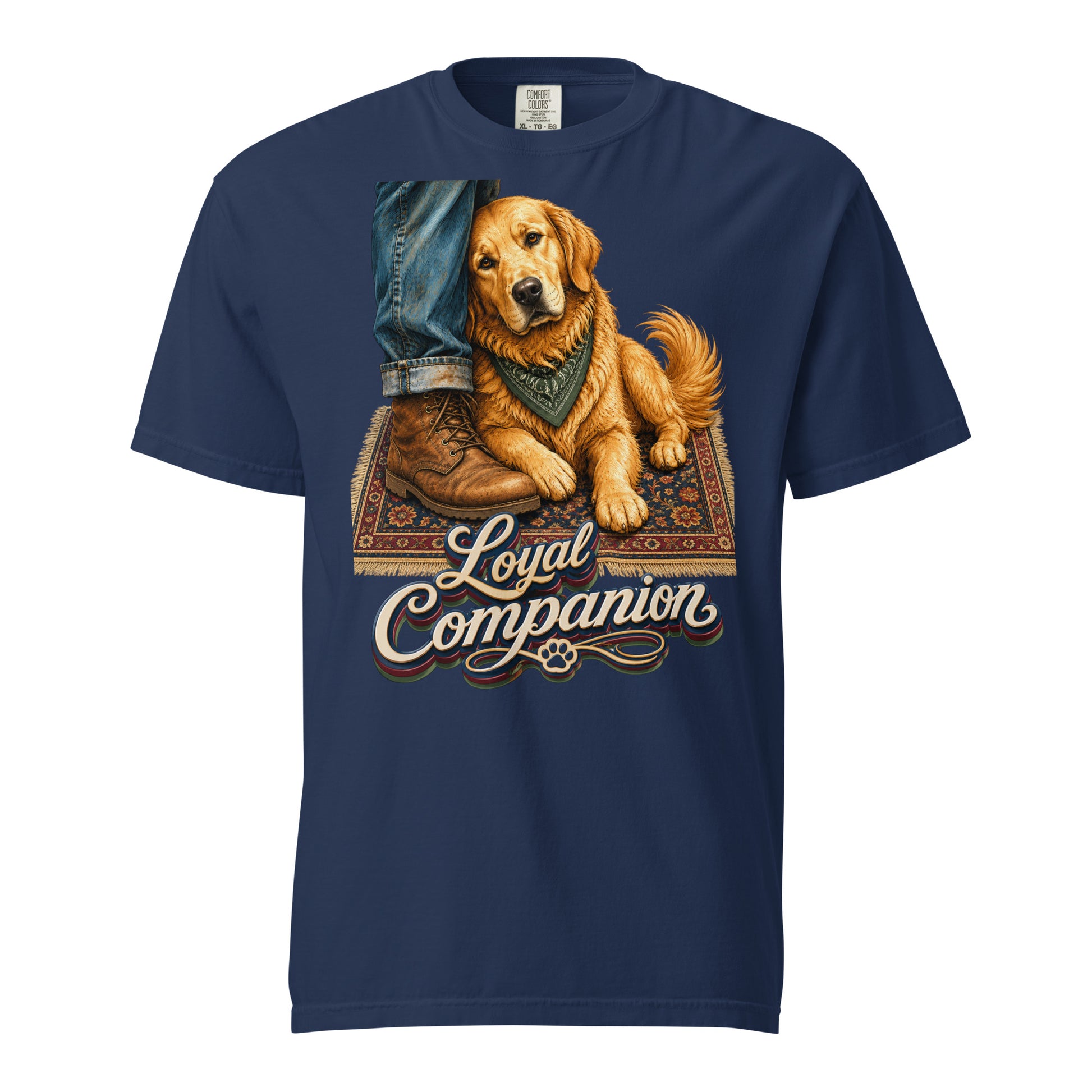 Golden Retriever Lovers Unisex Garment-Dyed Heavyweight T-Shirt — "Loyal Companion" Faithful Dog Resting on Rug Design by printfluence.net