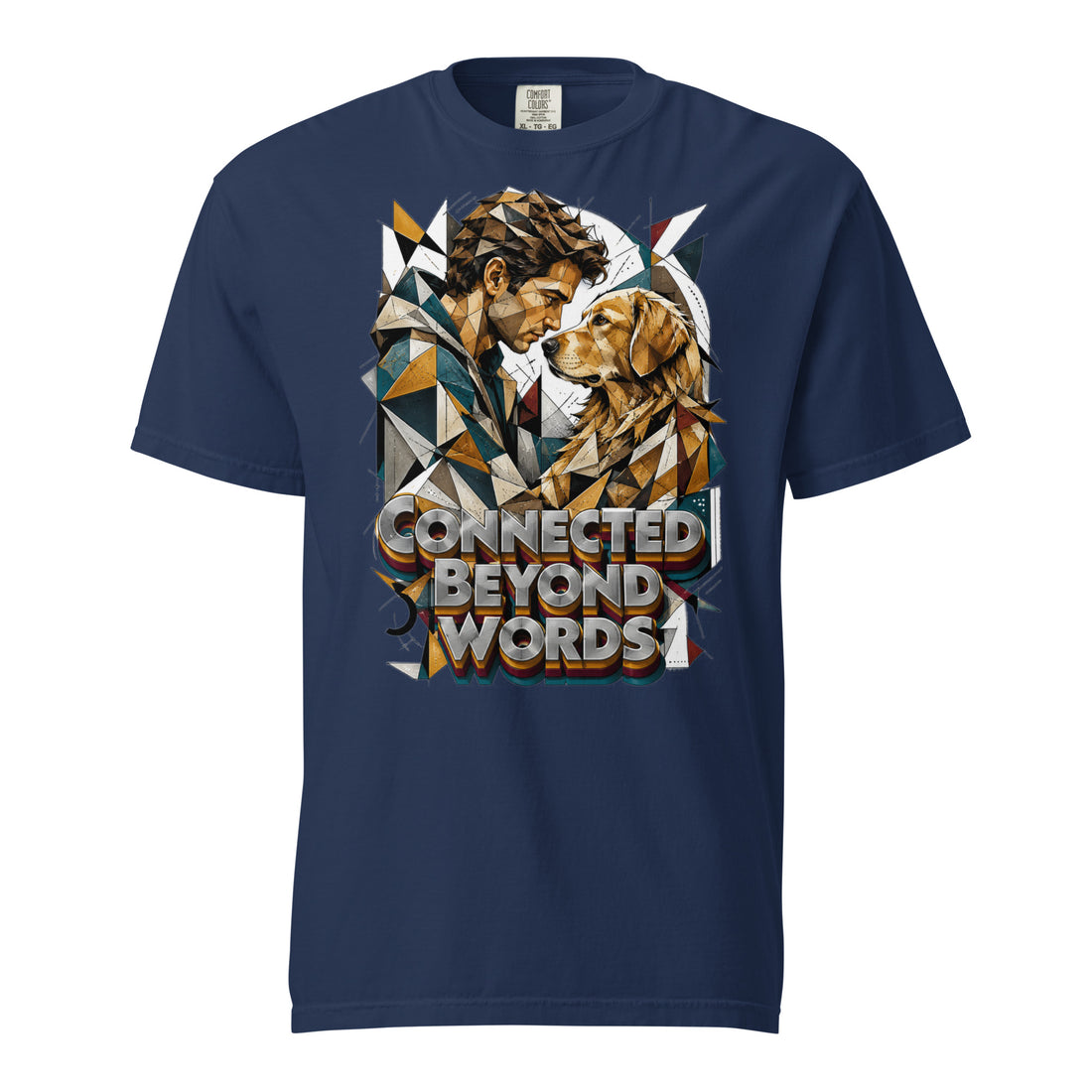Golden Retriever Lovers Unisex Garment-Dyed Heavyweight T-Shirt — "Connected Beyond Words" Low-Poly Geometric Man and Dog Design by printfluence.net