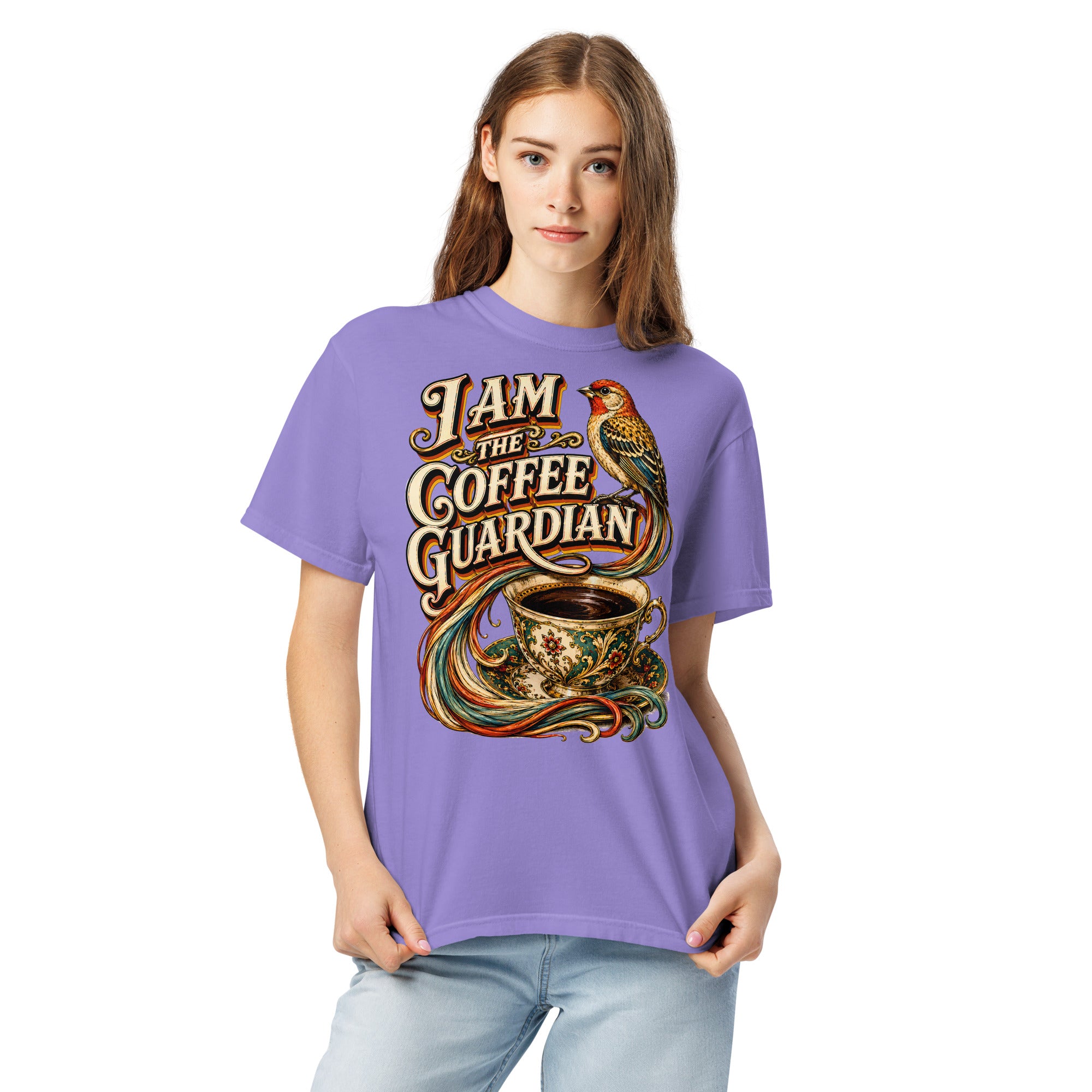 Coffee Lovers Unisex Heavyweight T-shirt The Coffee Guardian – Whimsical Bird & Vintage Cup Graphic Tee by printfluence.net