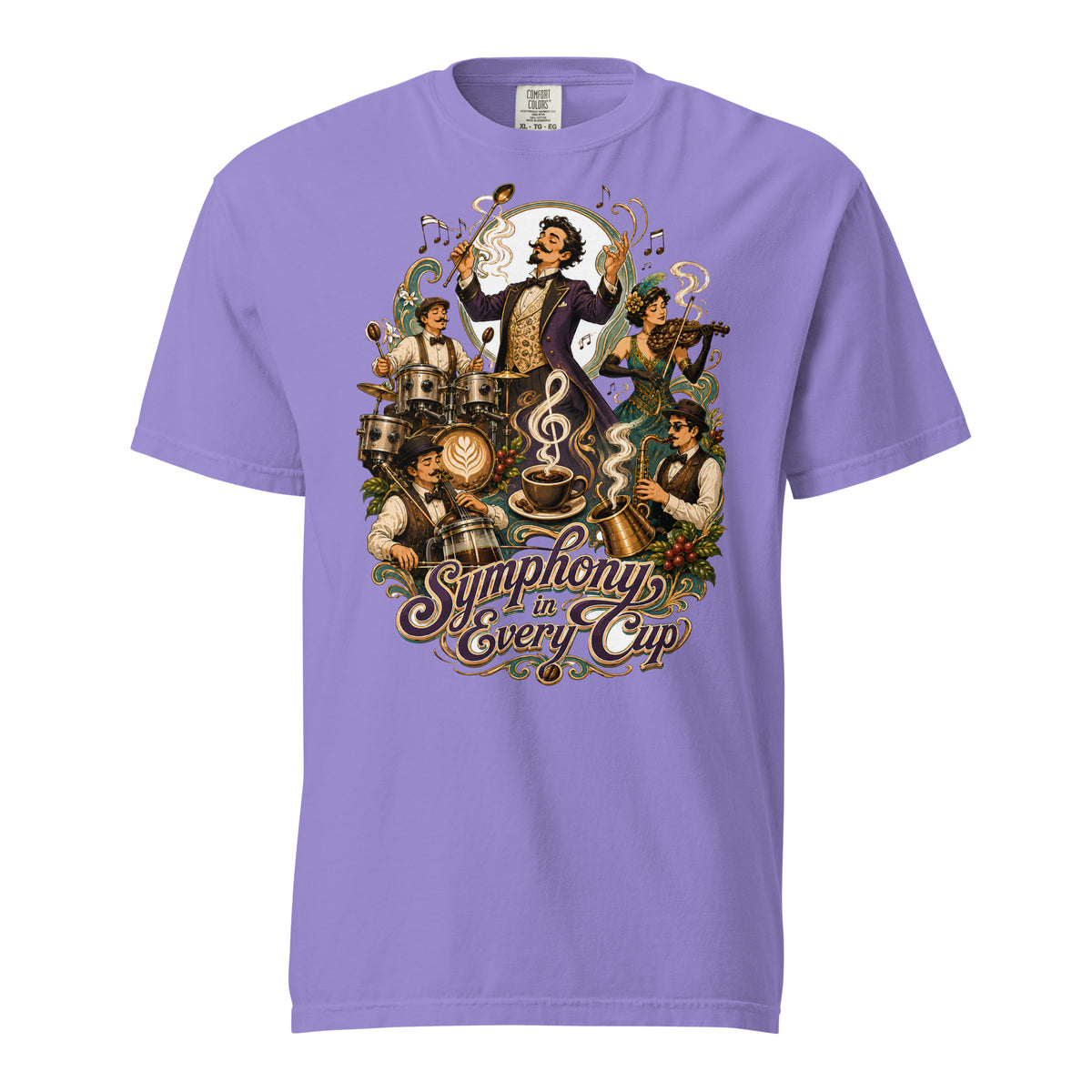 Coffee Lovers Unisex Heavyweight T-shirt Symphony in Every Cup – Musical & Orchestral Coffee Graphic Tee by printfluence.net