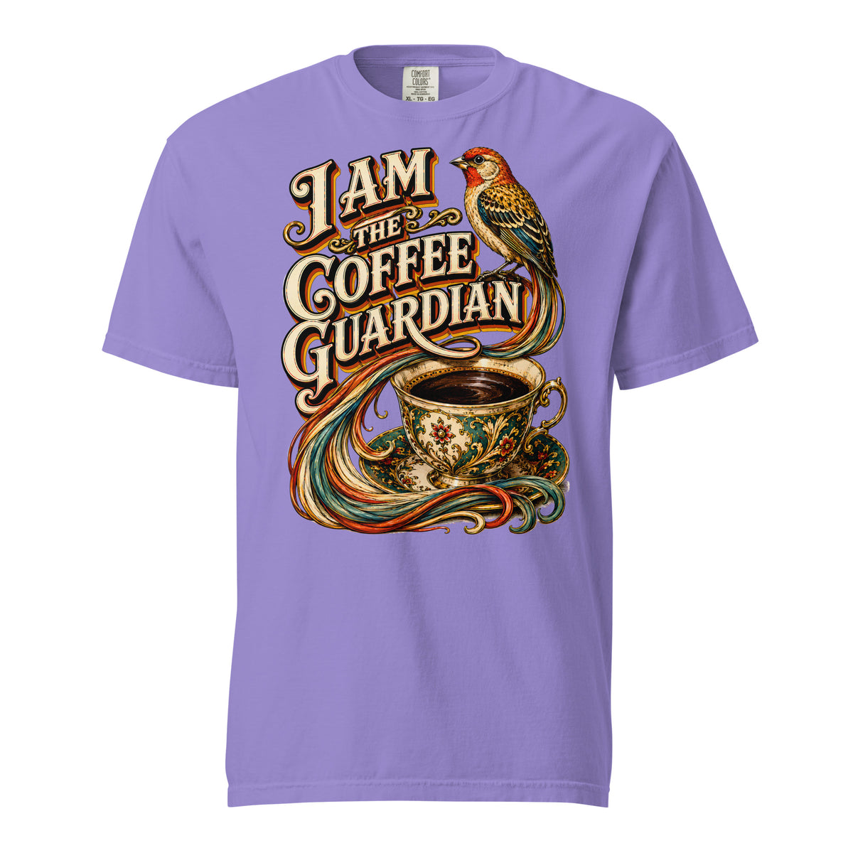 Coffee Lovers Unisex Heavyweight T-shirt The Coffee Guardian – Whimsical Bird & Vintage Cup Graphic Tee by printfluence.net