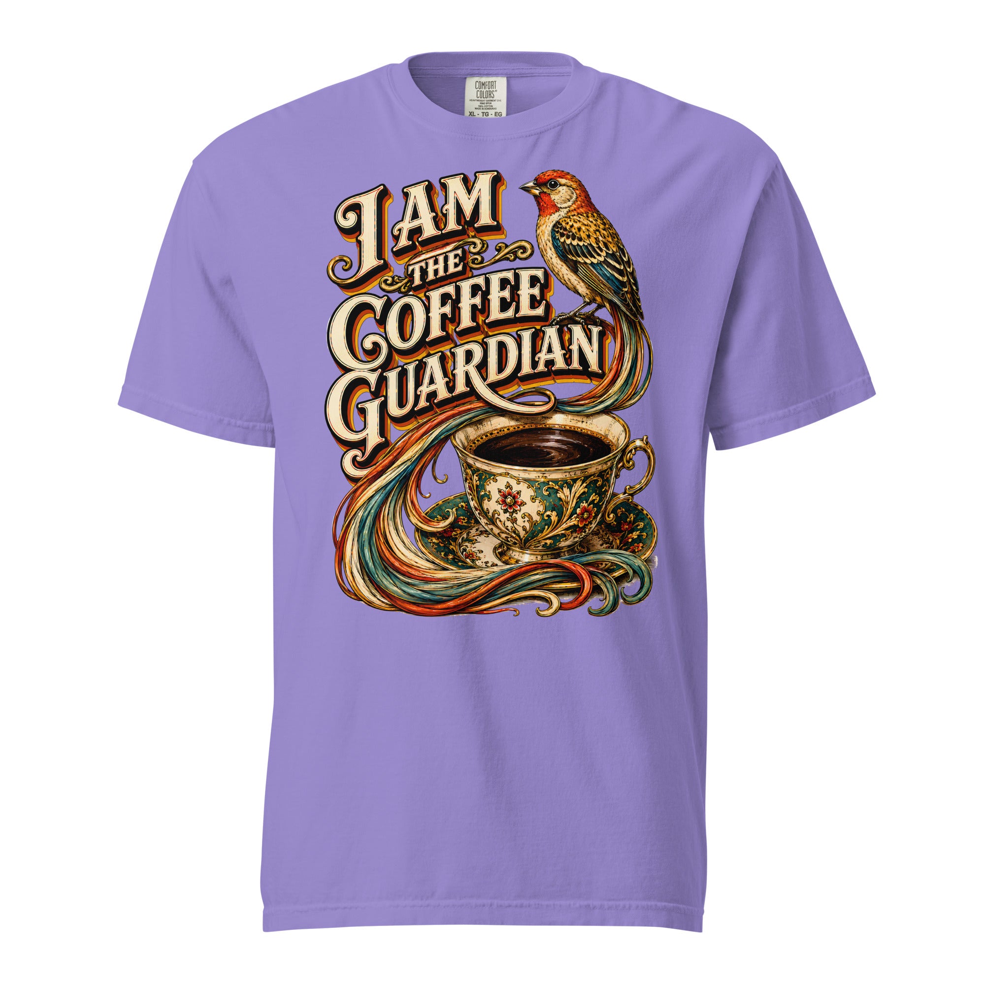 Coffee Lovers Unisex Heavyweight T-shirt The Coffee Guardian – Whimsical Bird & Vintage Cup Graphic Tee by printfluence.net