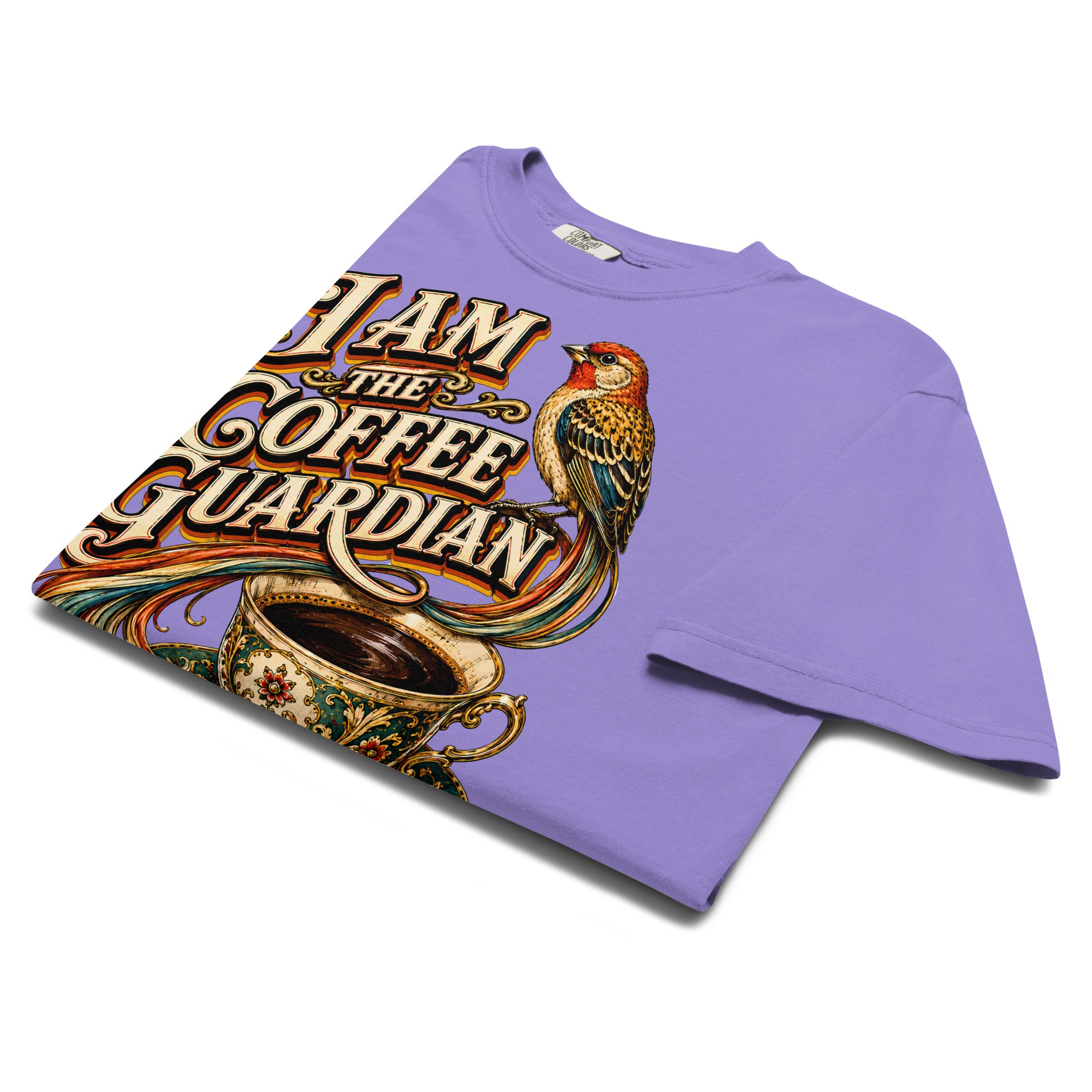 Coffee Lovers Unisex Heavyweight T-shirt The Coffee Guardian – Whimsical Bird & Vintage Cup Graphic Tee by printfluence.net