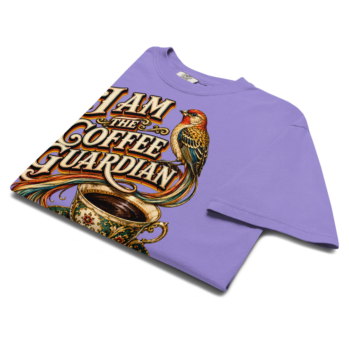 Coffee Lovers Unisex Heavyweight T-shirt The Coffee Guardian – Whimsical Bird & Vintage Cup Graphic Tee by printfluence.net