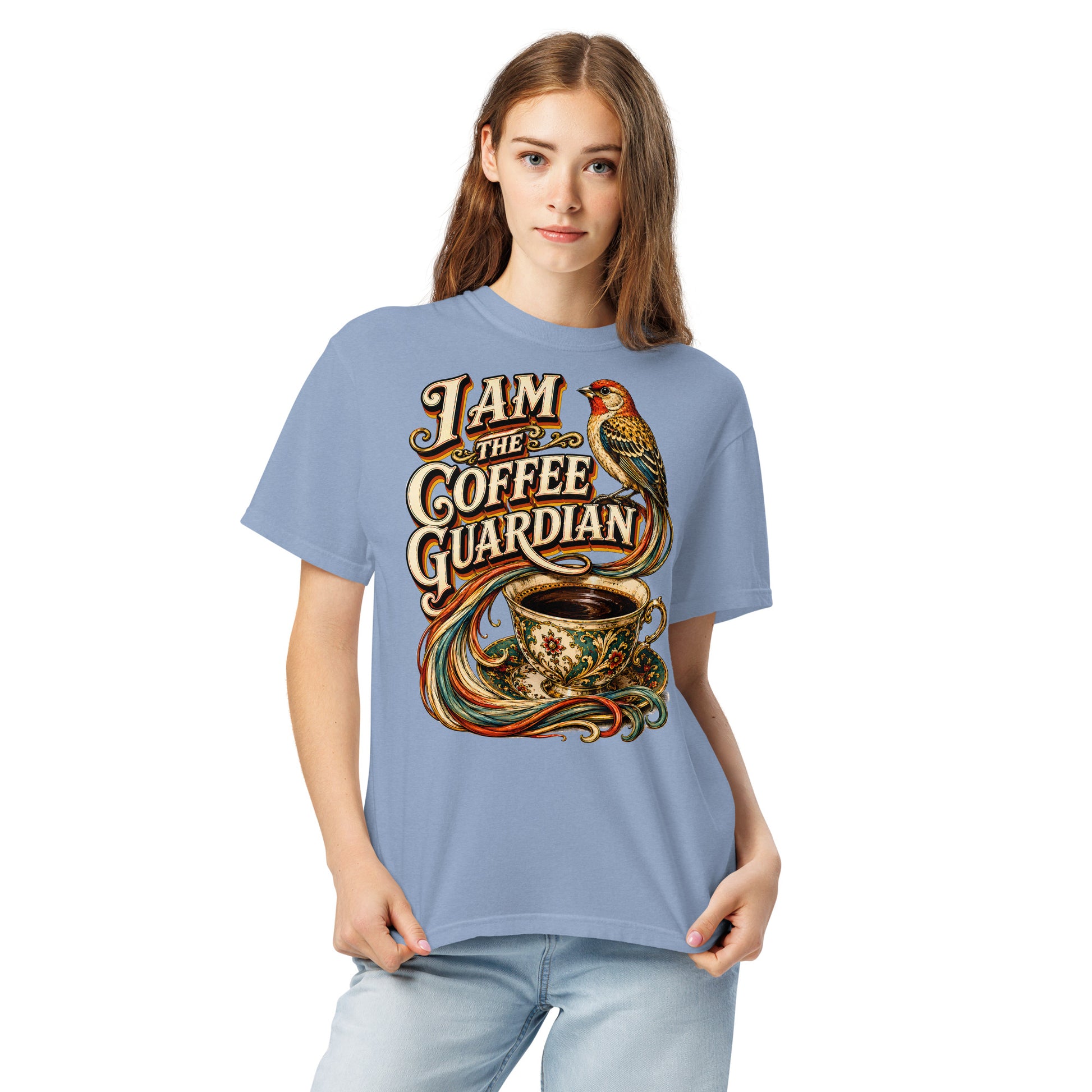 Coffee Lovers Unisex Heavyweight T-shirt The Coffee Guardian – Whimsical Bird & Vintage Cup Graphic Tee by printfluence.net