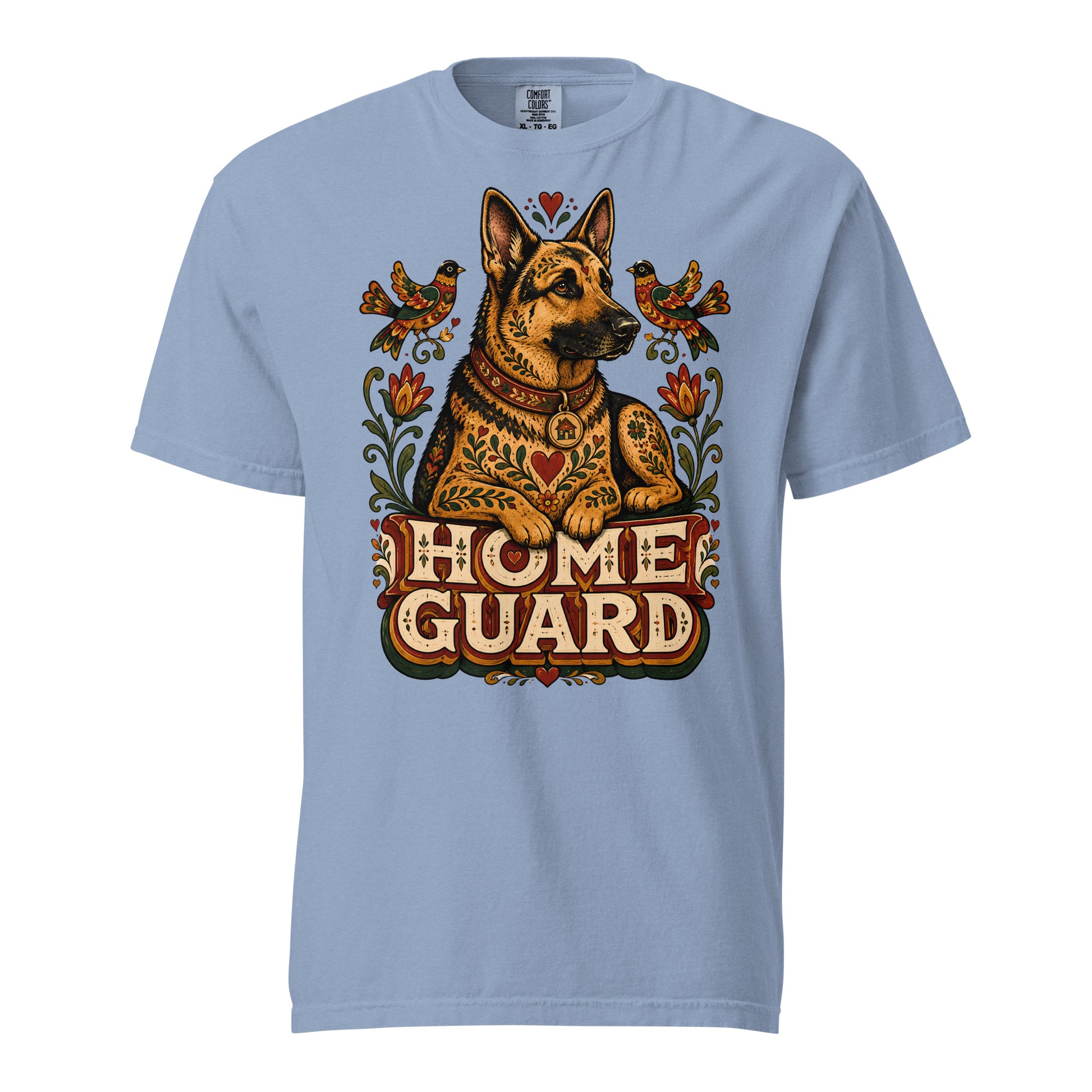 German Shepherd Lovers Unisex Garment-Dyed T-Shirt | Folk Art "Home Guard" Graphic Apparel by printfluence.net