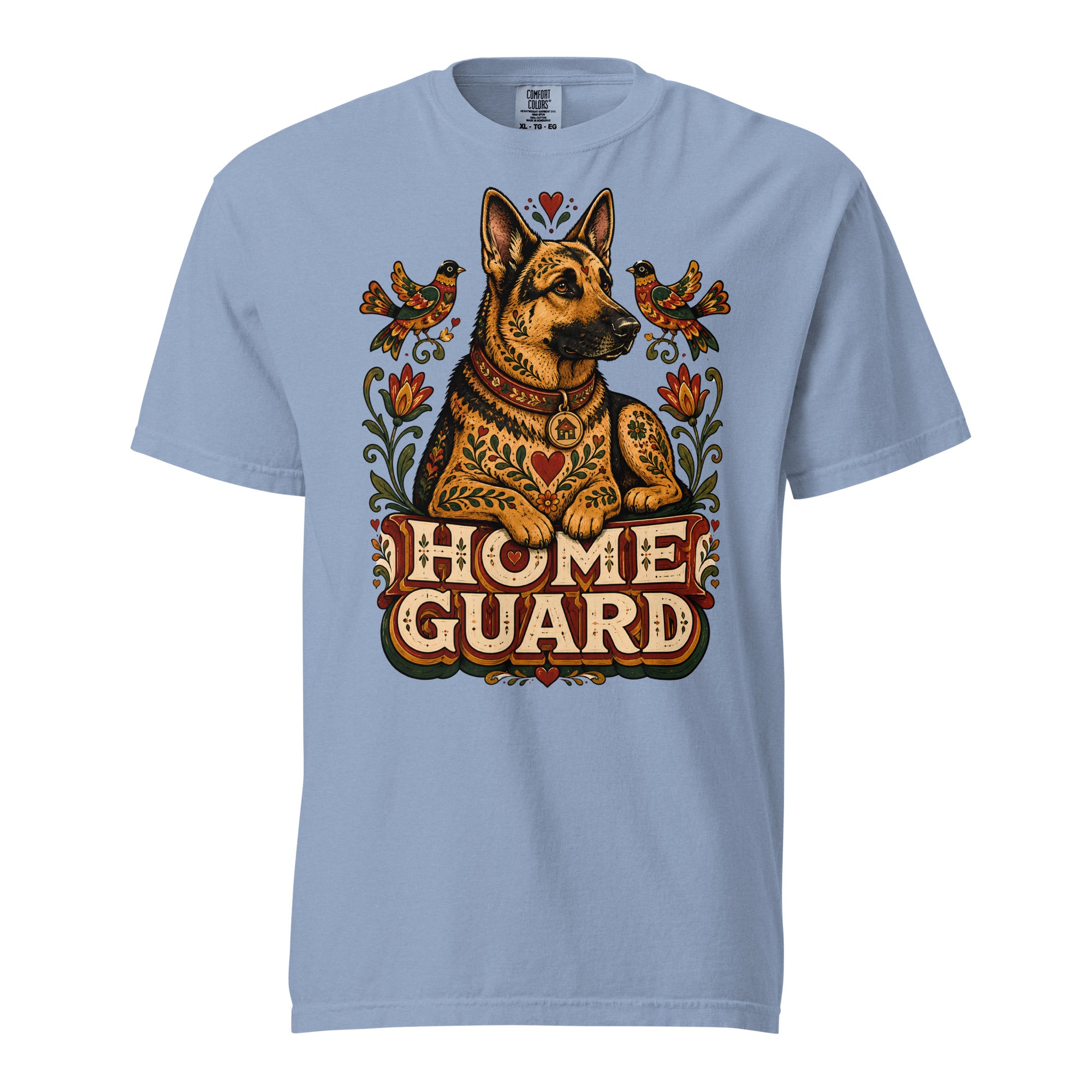 German Shepherd Lovers Unisex Garment-Dyed T-Shirt | Folk Art "Home Guard" Graphic Apparel by printfluence.net