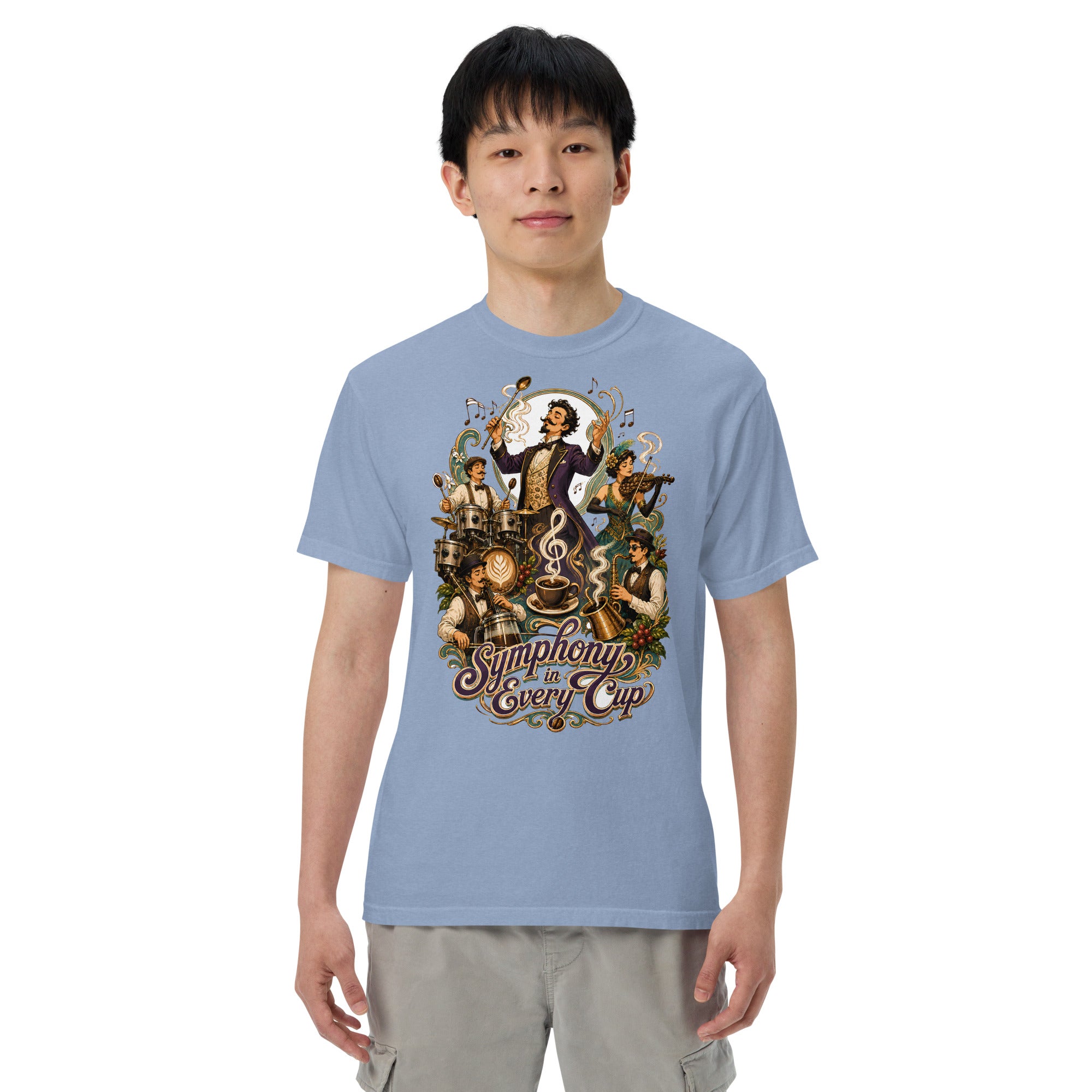 Coffee Lovers Unisex Heavyweight T-shirt Symphony in Every Cup – Musical & Orchestral Coffee Graphic Tee by printfluence.net