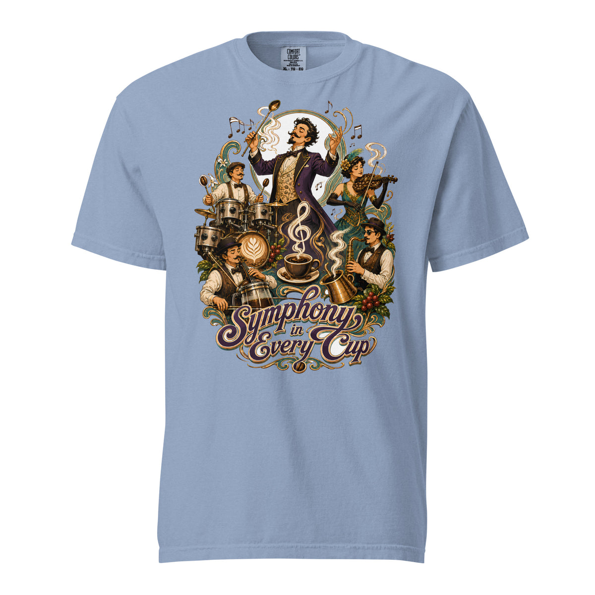 Coffee Lovers Unisex Heavyweight T-shirt Symphony in Every Cup – Musical & Orchestral Coffee Graphic Tee by printfluence.net