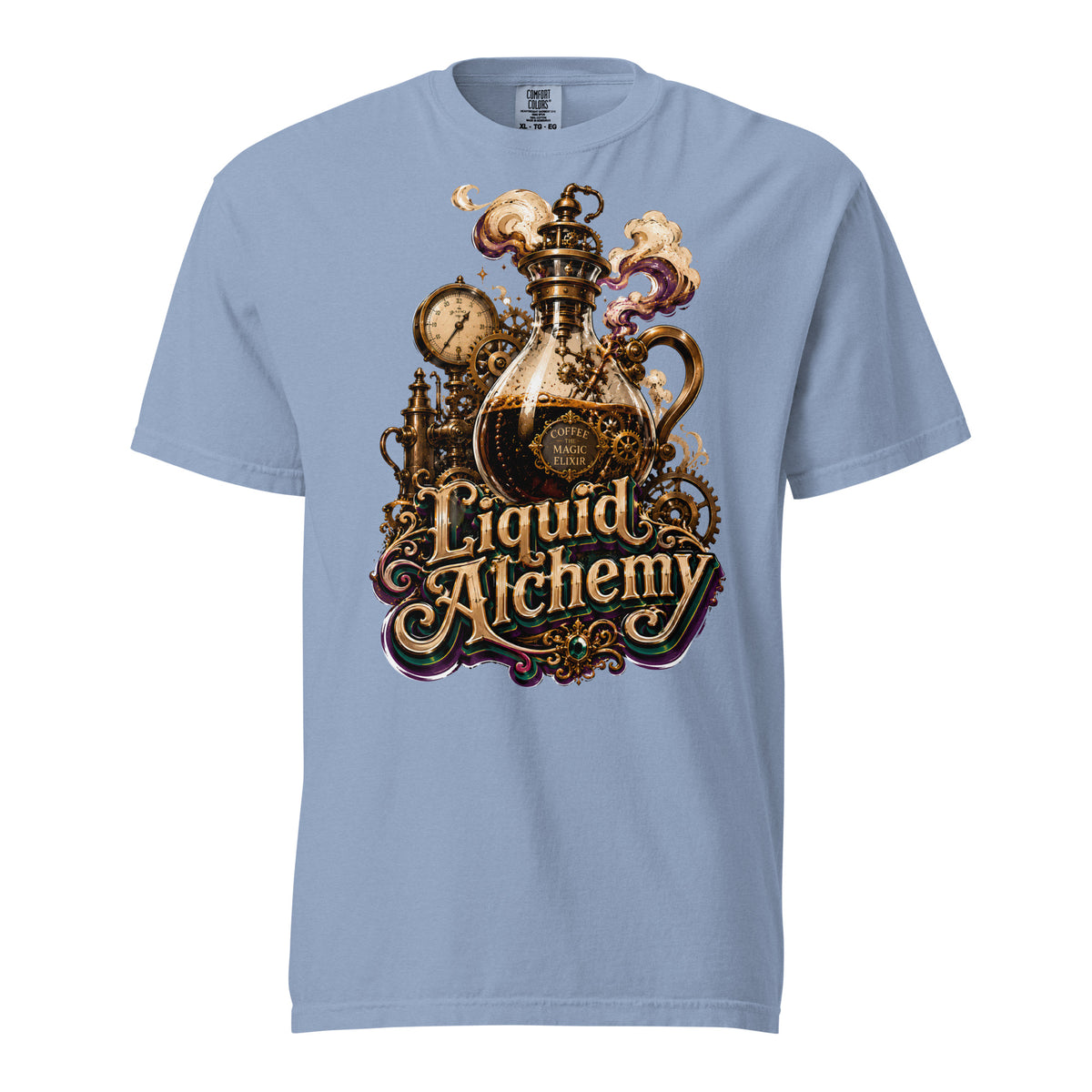 Coffee Lovers Unisex Garment-Dyed Heavyweight T-shirt Liquid Alchemy – Steampunk Coffee Magic Elixir Graphic Tee by printfluence.net