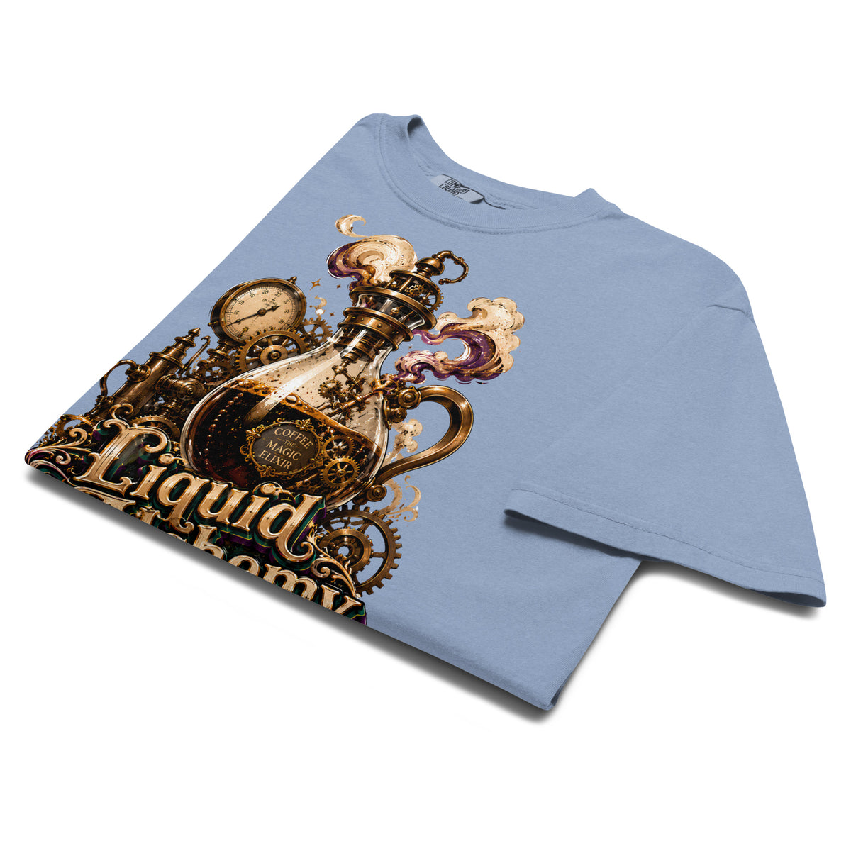 Coffee Lovers Unisex Garment-Dyed Heavyweight T-shirt Liquid Alchemy – Steampunk Coffee Magic Elixir Graphic Tee by printfluence.net