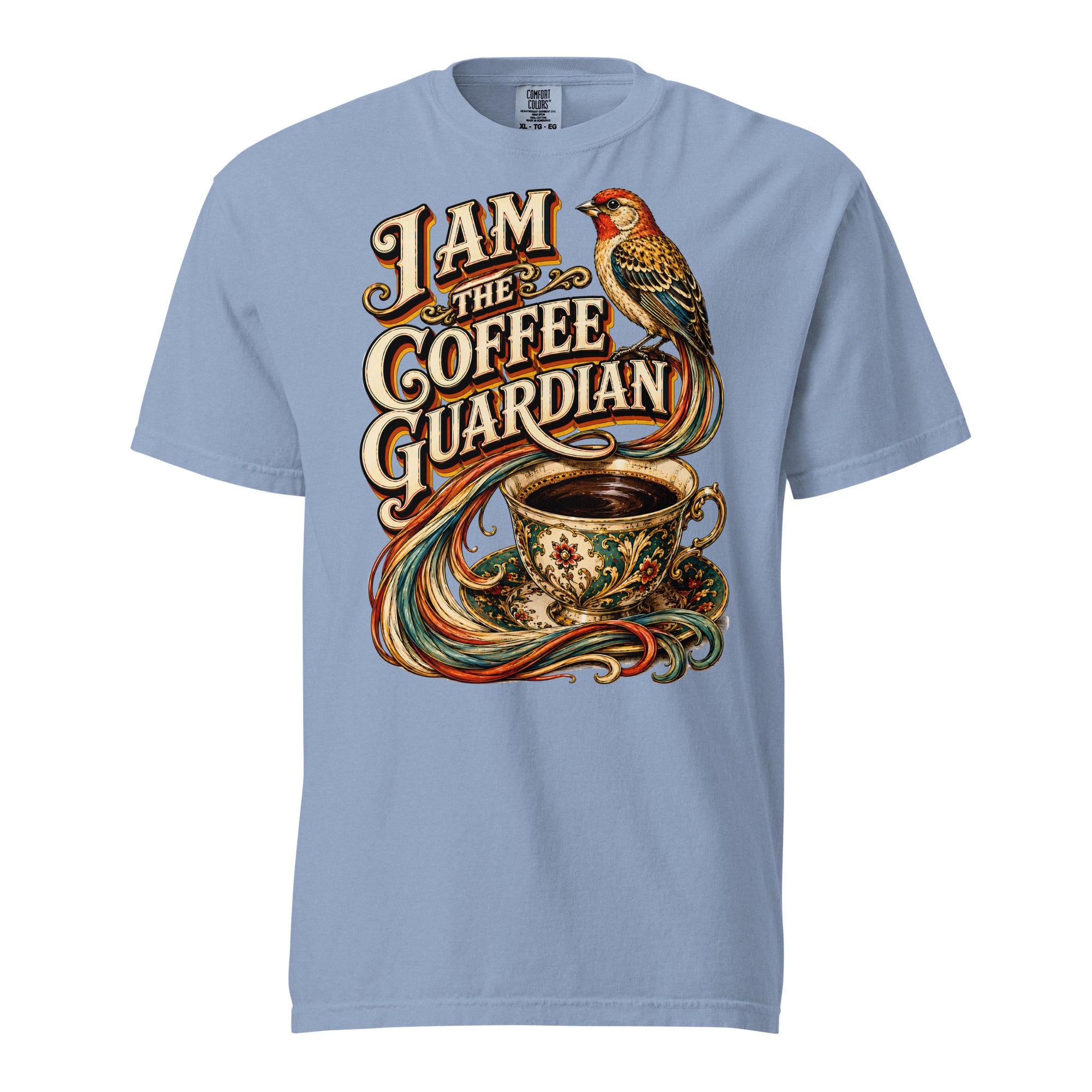 Coffee Lovers Unisex Heavyweight T-shirt The Coffee Guardian – Whimsical Bird & Vintage Cup Graphic Tee by printfluence.net