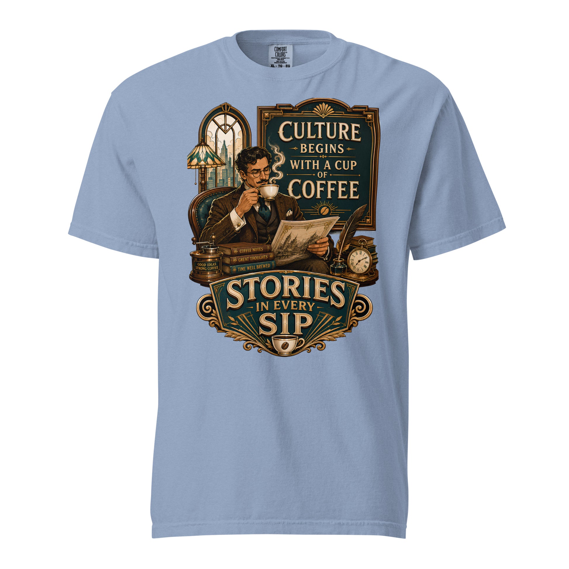 Coffee Lovers Unisex Heavyweight T-shirt Stories in Every Sip – Vintage Gentleman & Intellectual Coffee Graphic Tee by printfluence.net