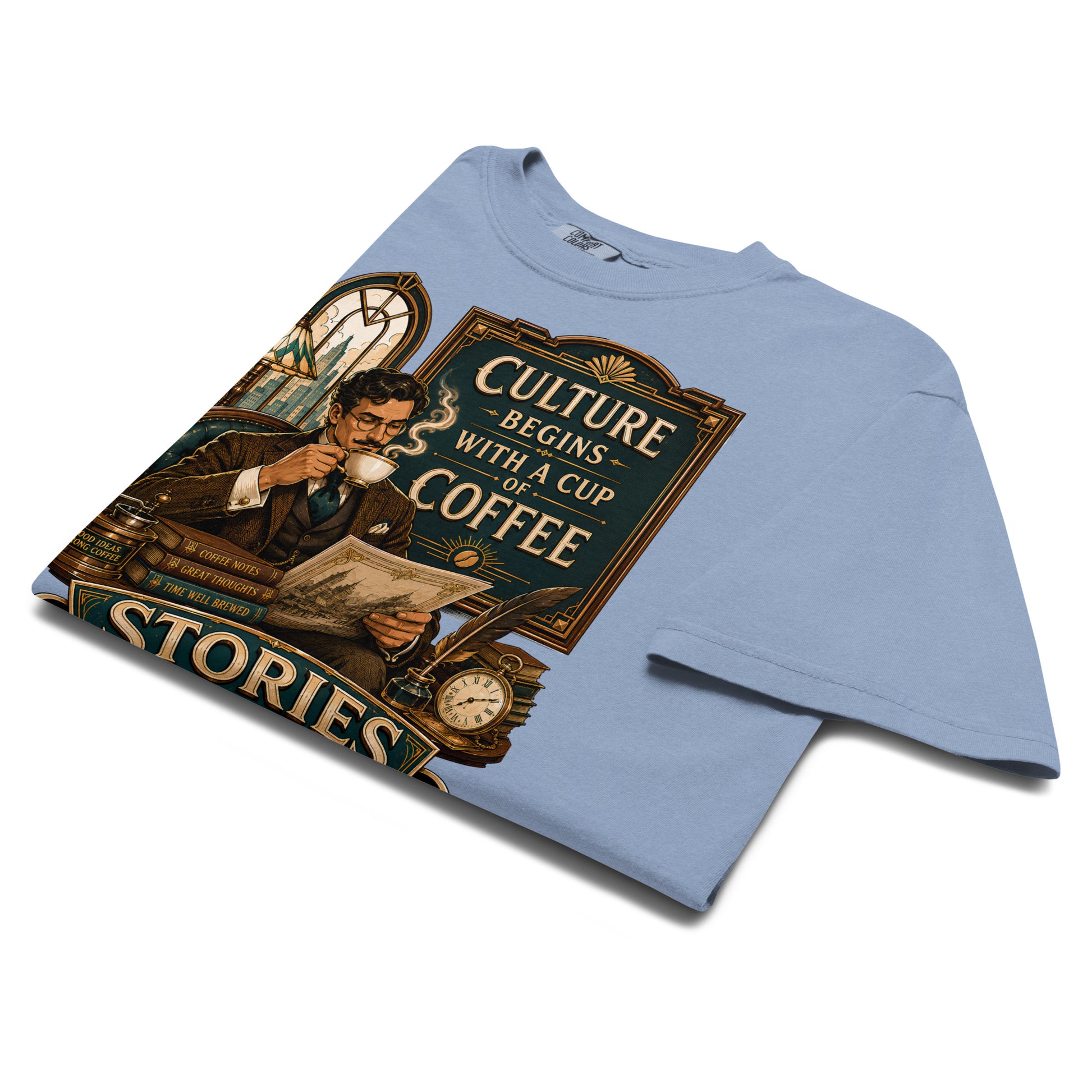 Coffee Lovers Unisex Heavyweight T-shirt Stories in Every Sip – Vintage Gentleman & Intellectual Coffee Graphic Tee by printfluence.net