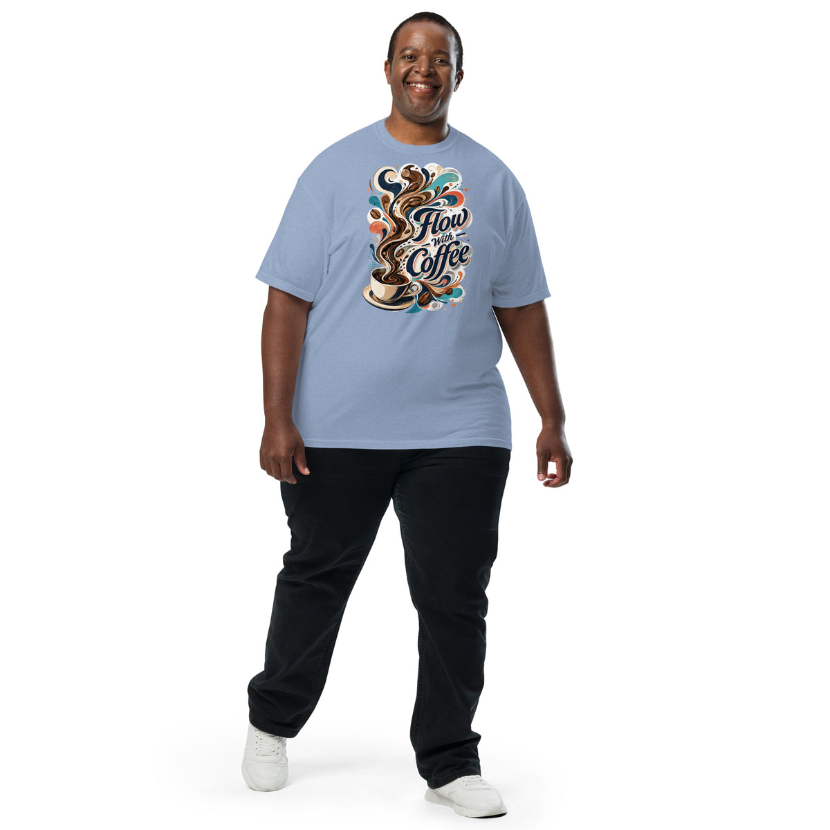 Coffee Lovers Heavyweight T-Shirt Flow with Coffee – Abstract Swirl & Coffee Bean Graphic Tee by printfluence.net