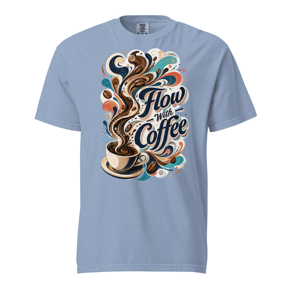 Coffee Lovers Heavyweight T-Shirt Flow with Coffee – Abstract Swirl & Coffee Bean Graphic Tee by printfluence.net