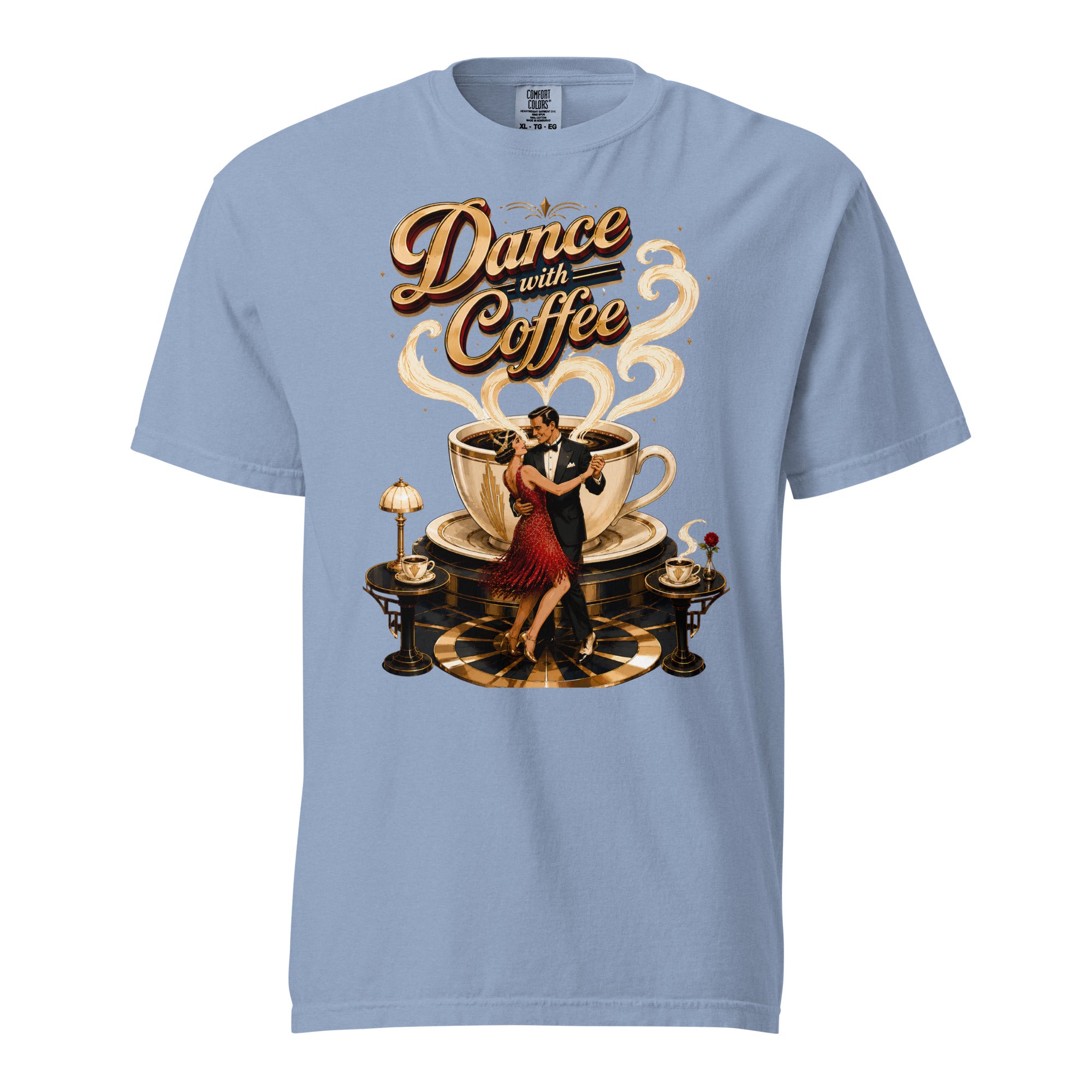 Coffee Lovers Unisex Garment-Dyed Heavyweight T-Shirt Dance with Coffee – Art Deco Dancer & Giant Cup Graphic Tee by printfluence.net